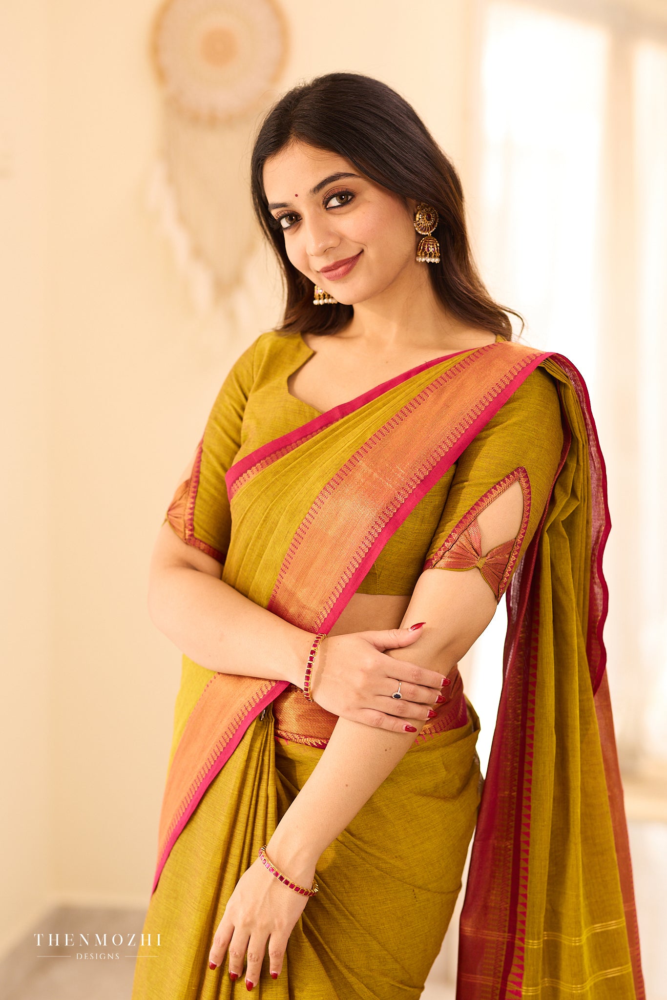 Moss Green Chettinad Cotton Saree with Pink Zari Border