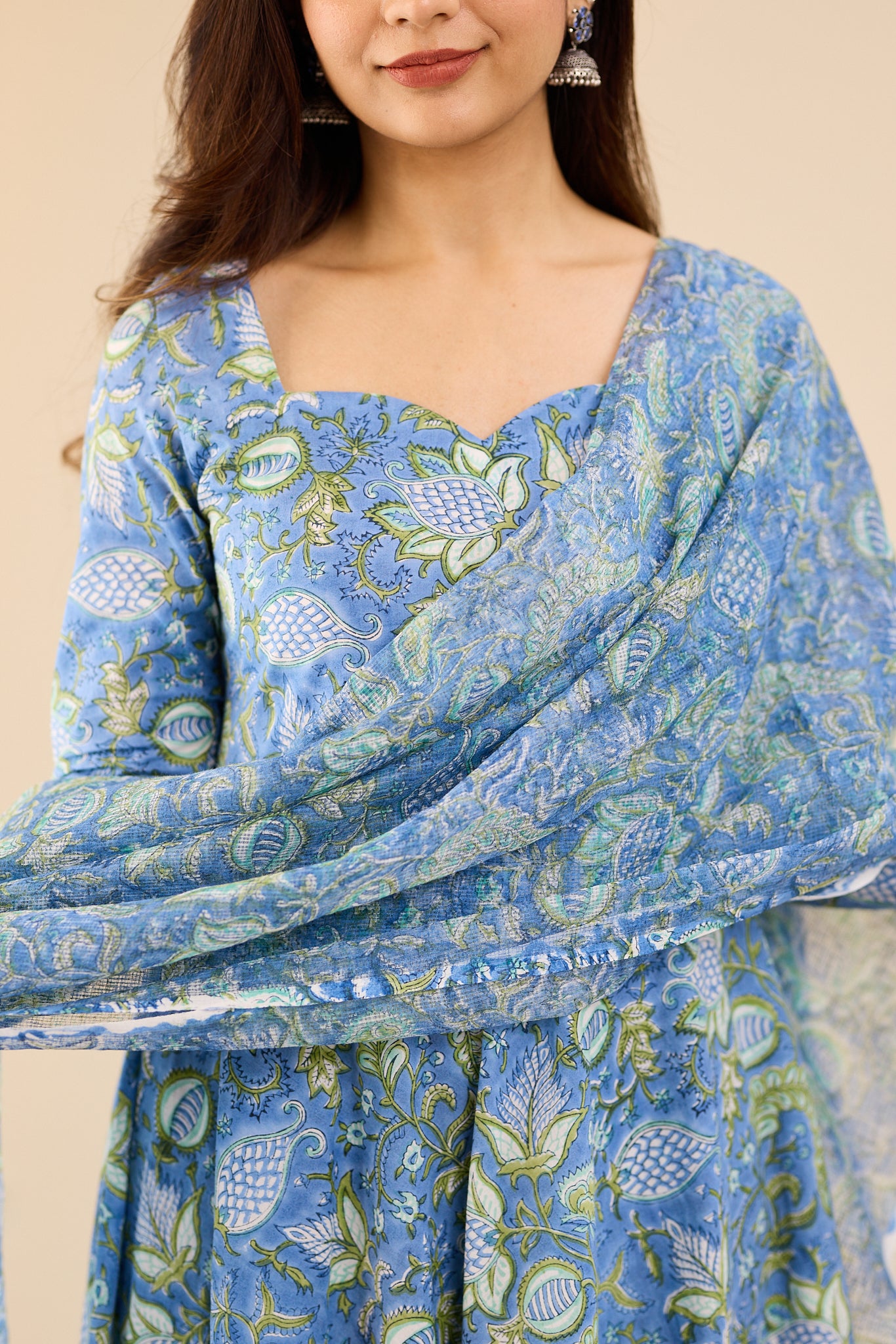 Misty Blue with Soft Green Floral printed Anarkali Suit-set with Kota Dupatta