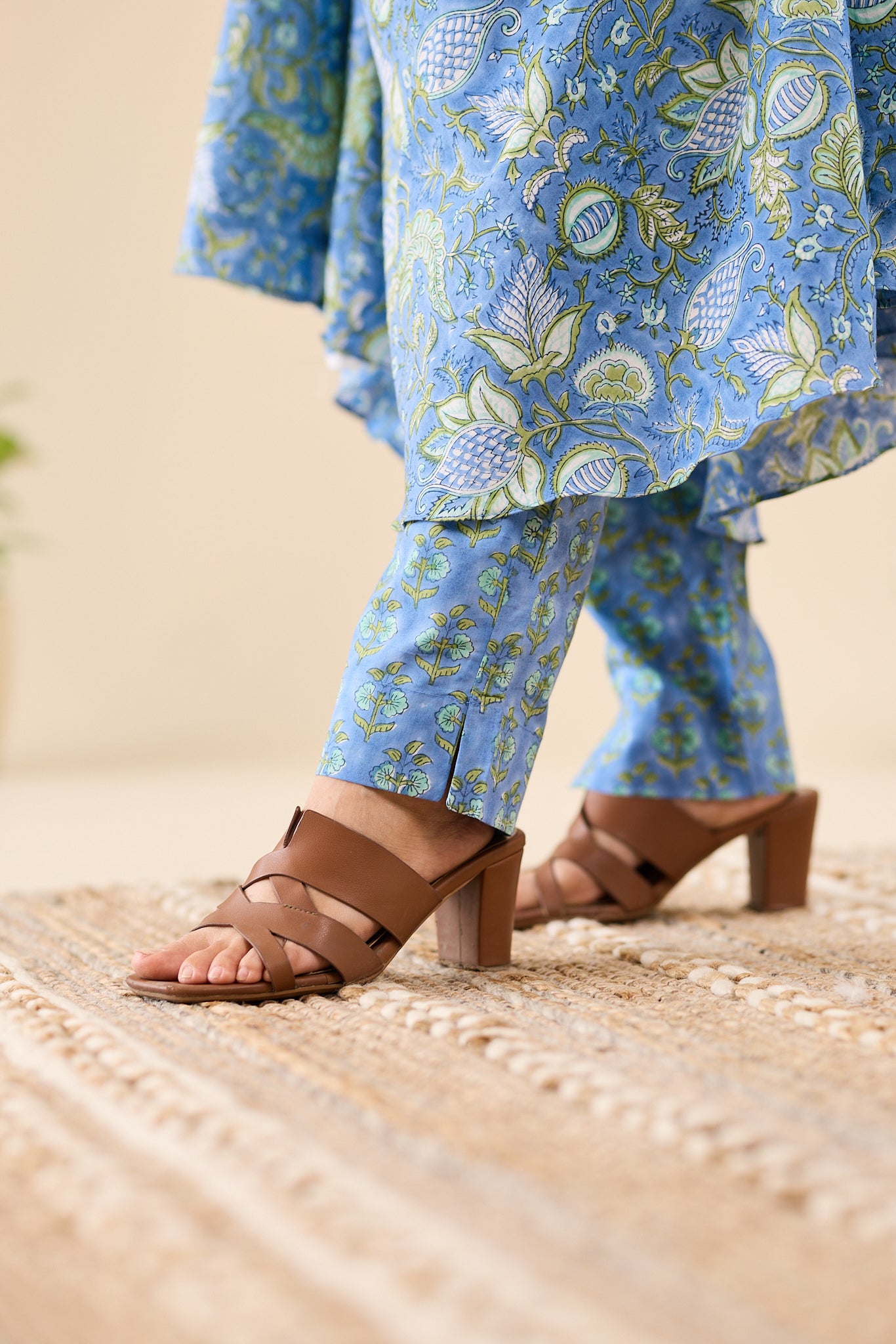 Misty Blue with Soft Green Floral printed Anarkali Suit-set with Kota Dupatta