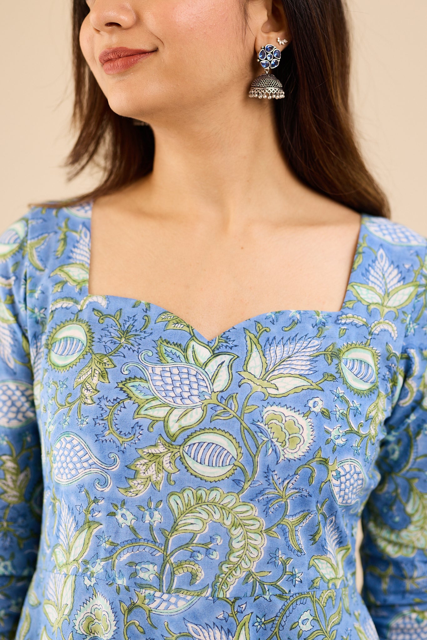 Misty Blue with Soft Green Floral printed Anarkali Suit-set with Kota Dupatta