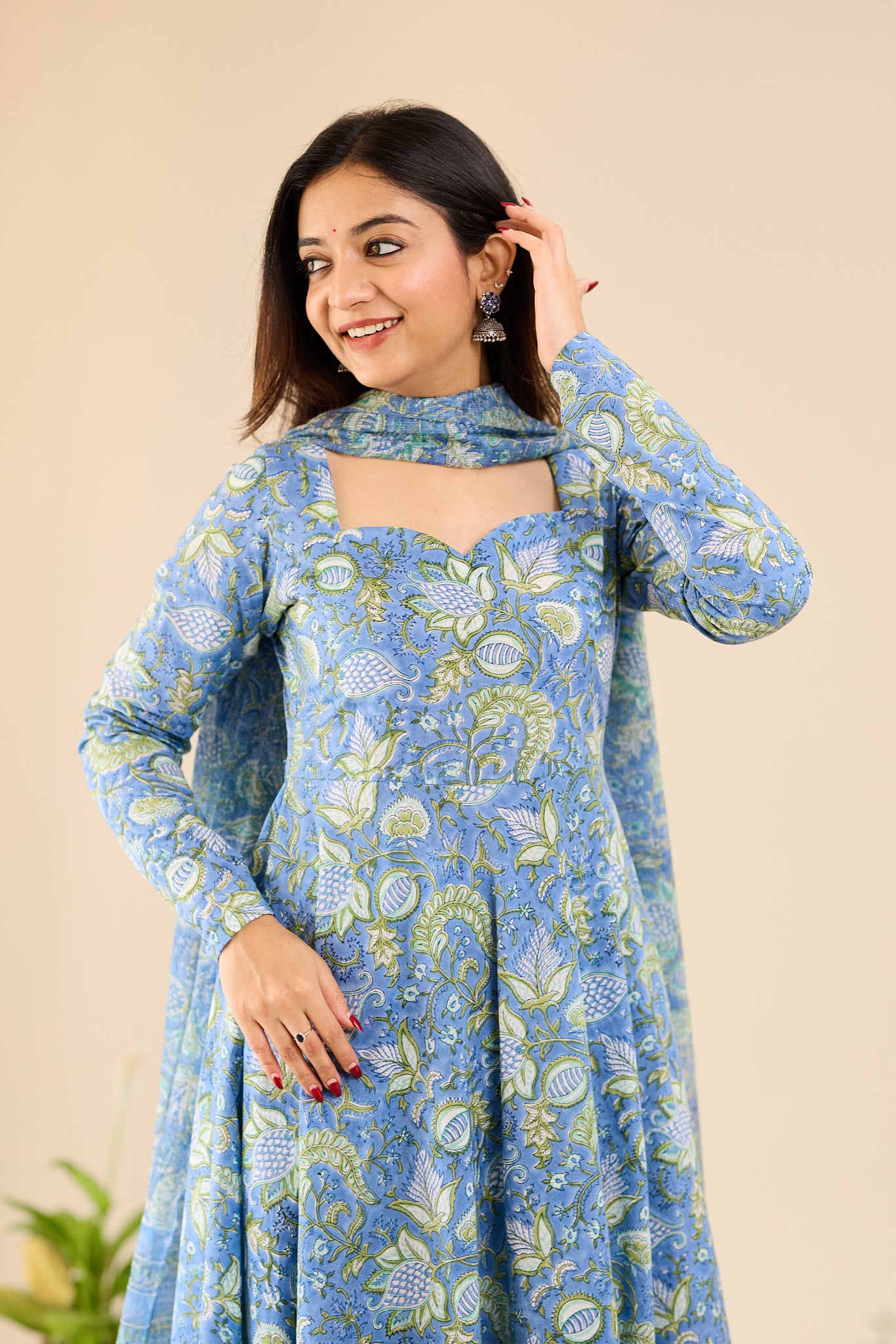 Misty Blue with Soft Green Floral printed Anarkali Suit-set with Kota Dupatta