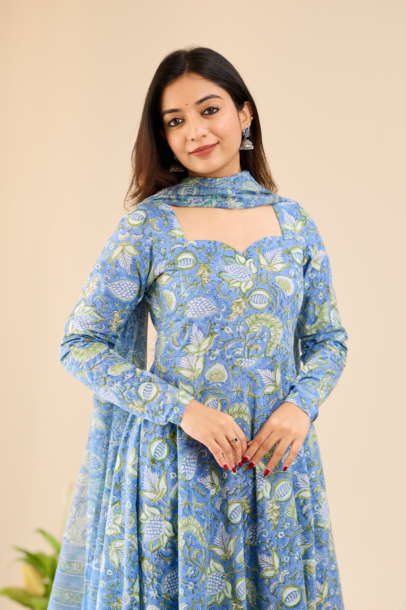Misty Blue with Soft Green Floral printed Anarkali Suit-set with Kota Dupatta