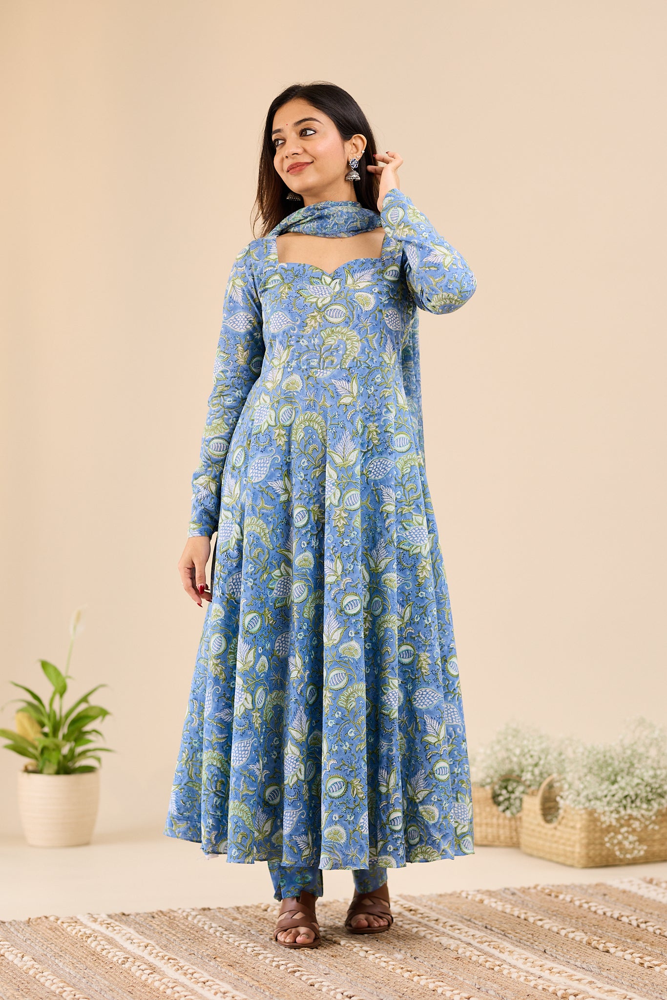 Misty Blue with Soft Green Floral printed Anarkali Suit-set with Kota Dupatta