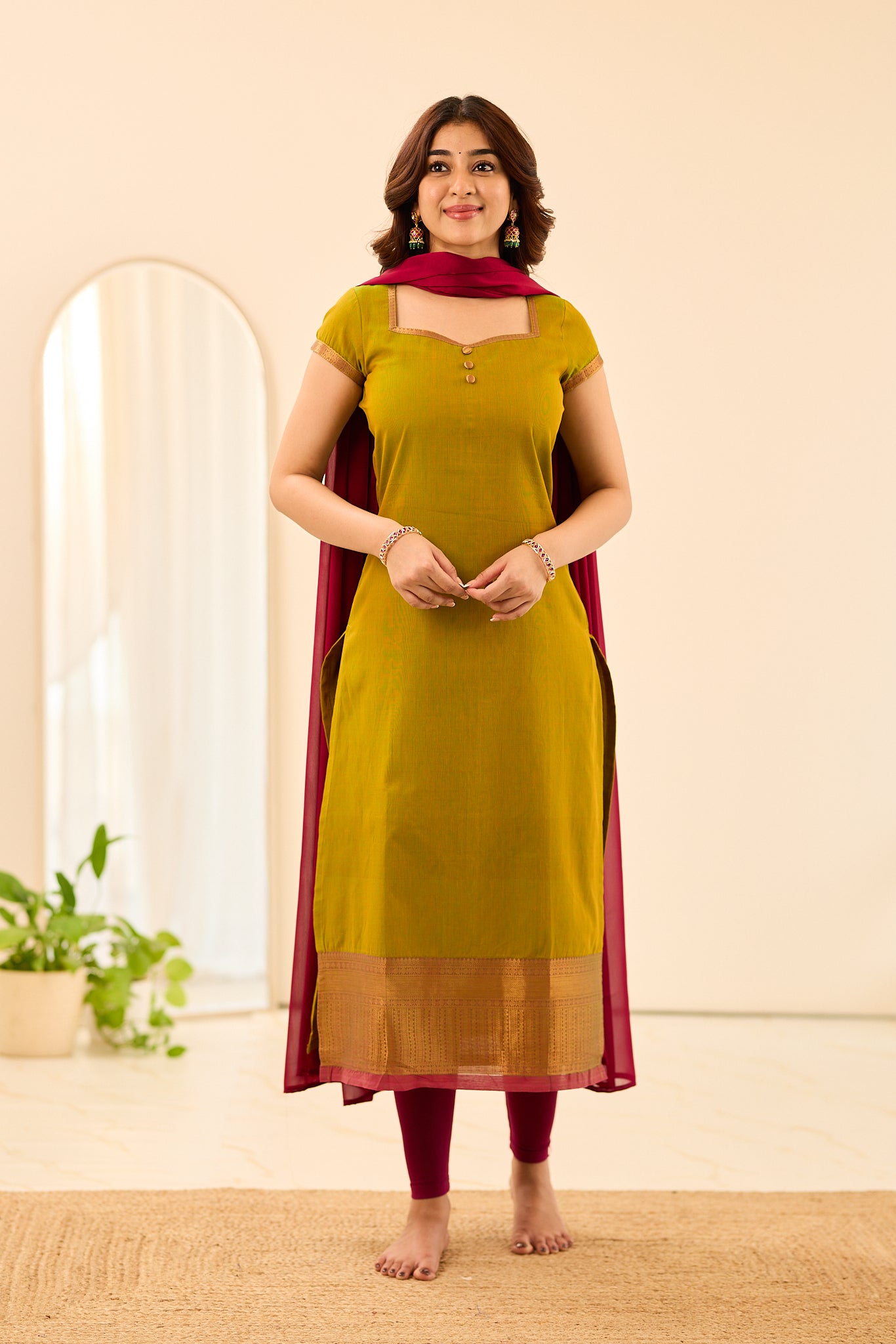 Moss Green with Dark Pink Border Chettinad Cotton Salwar