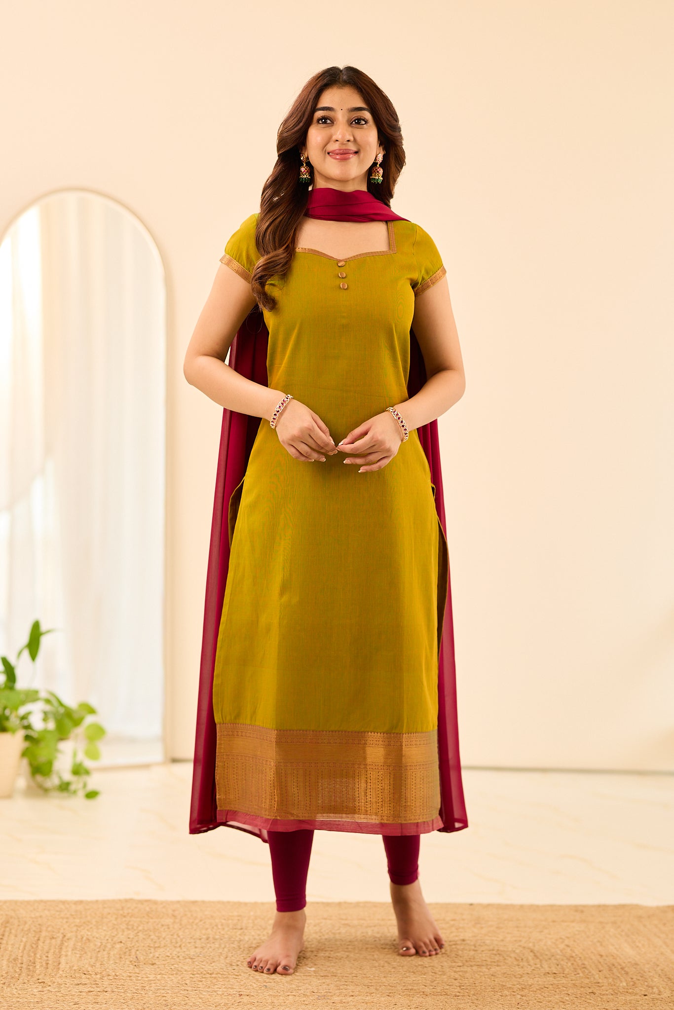 Moss Green with Dark Pink Border Chettinad Cotton Salwar