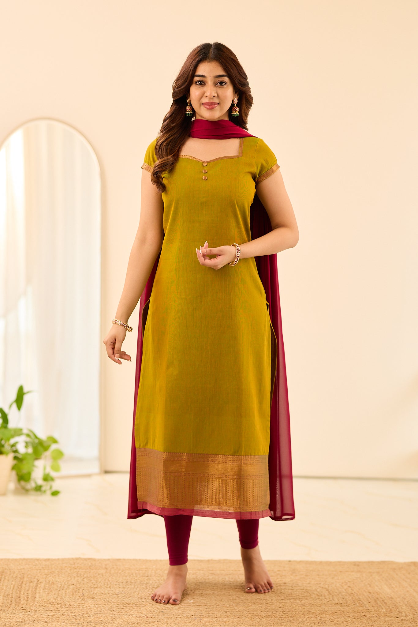 Moss Green with Dark Pink Border Chettinad Cotton Salwar