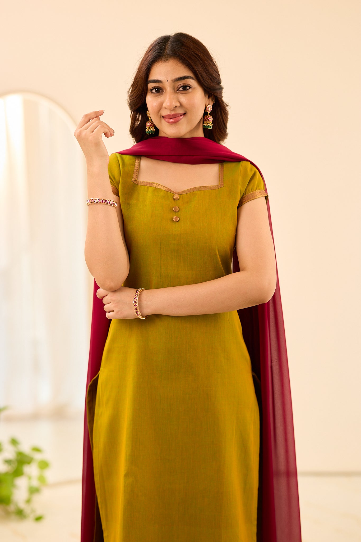 Moss Green with Dark Pink Border Chettinad Cotton Salwar