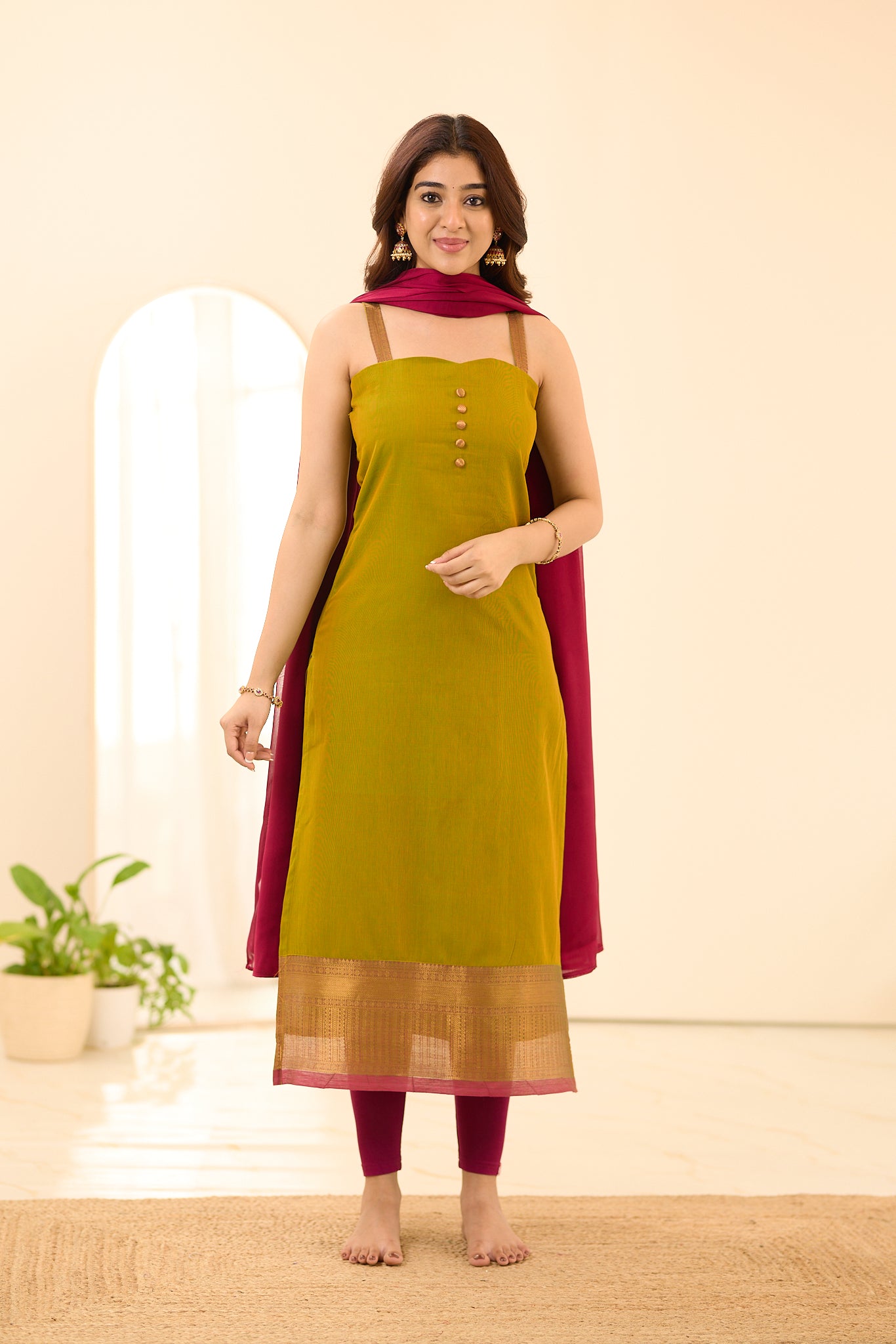 Moss Green with Red Border Chettinad Cotton Anarakali