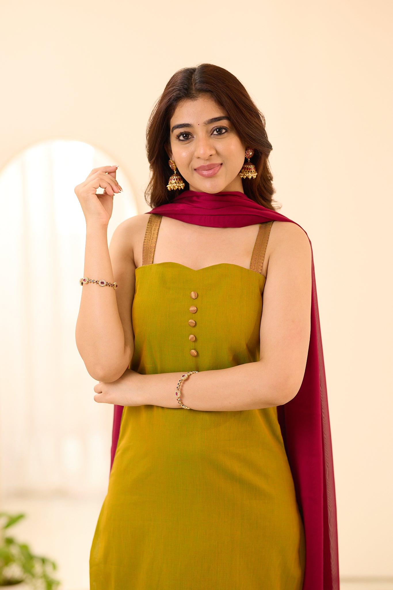 Moss Green with Red Border Chettinad Cotton Anarakali