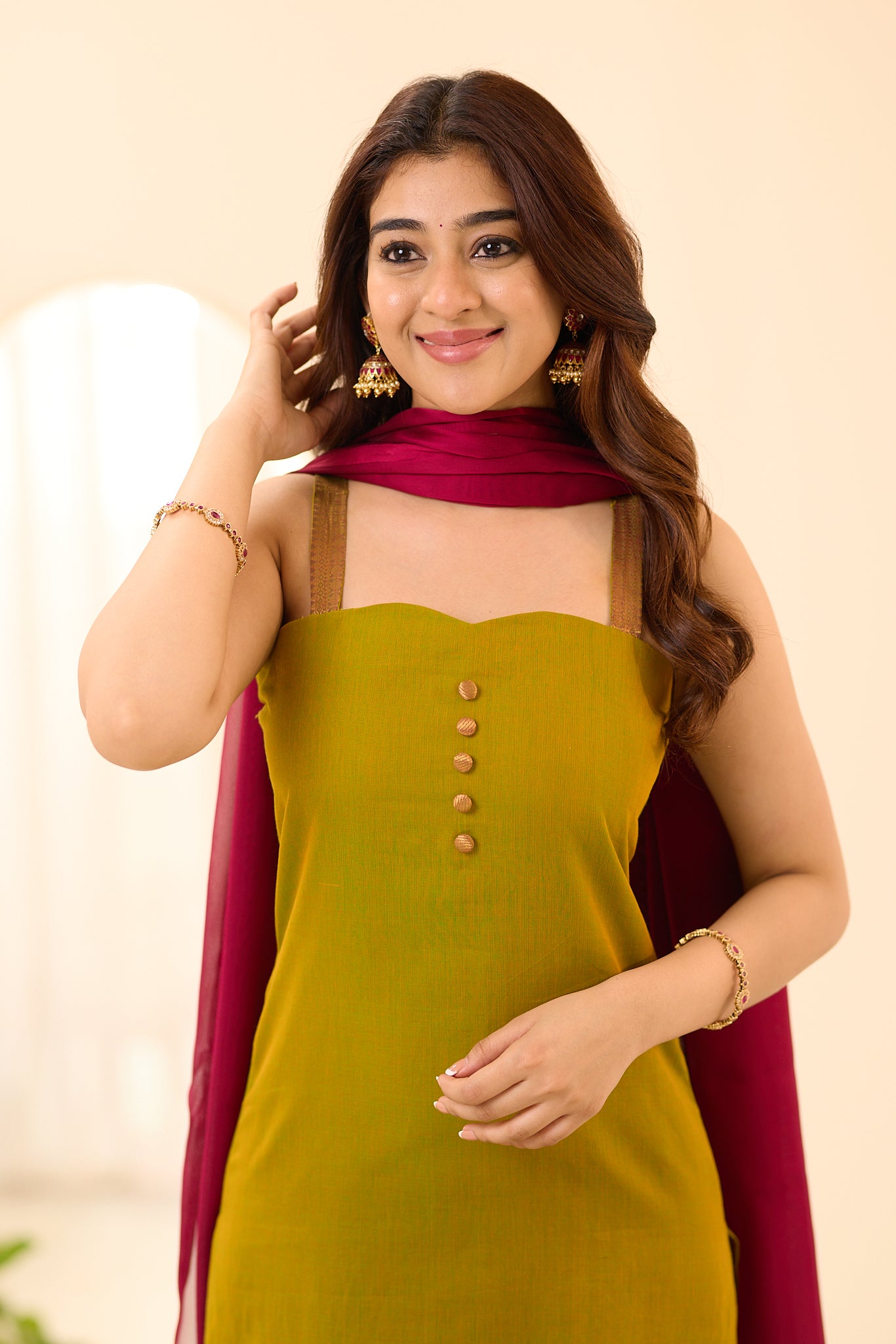 Moss Green with Red Border Chettinad Cotton Anarakali