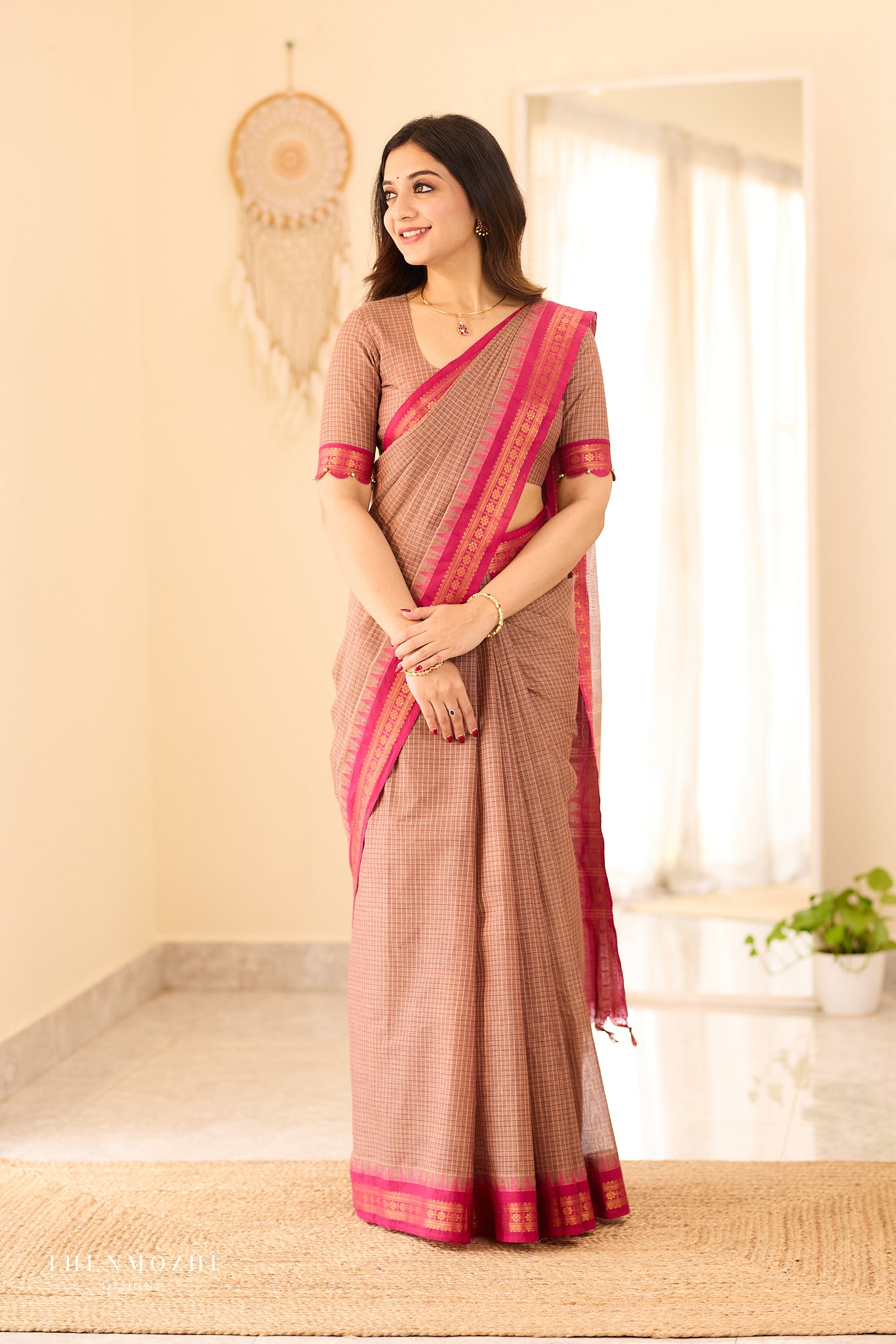 Muted Cocoa brown Chettinad Cotton with Rani Pink Border