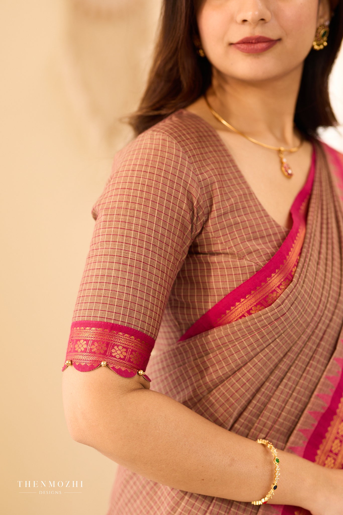 Muted Cocoa brown Chettinad Cotton with Rani Pink Border
