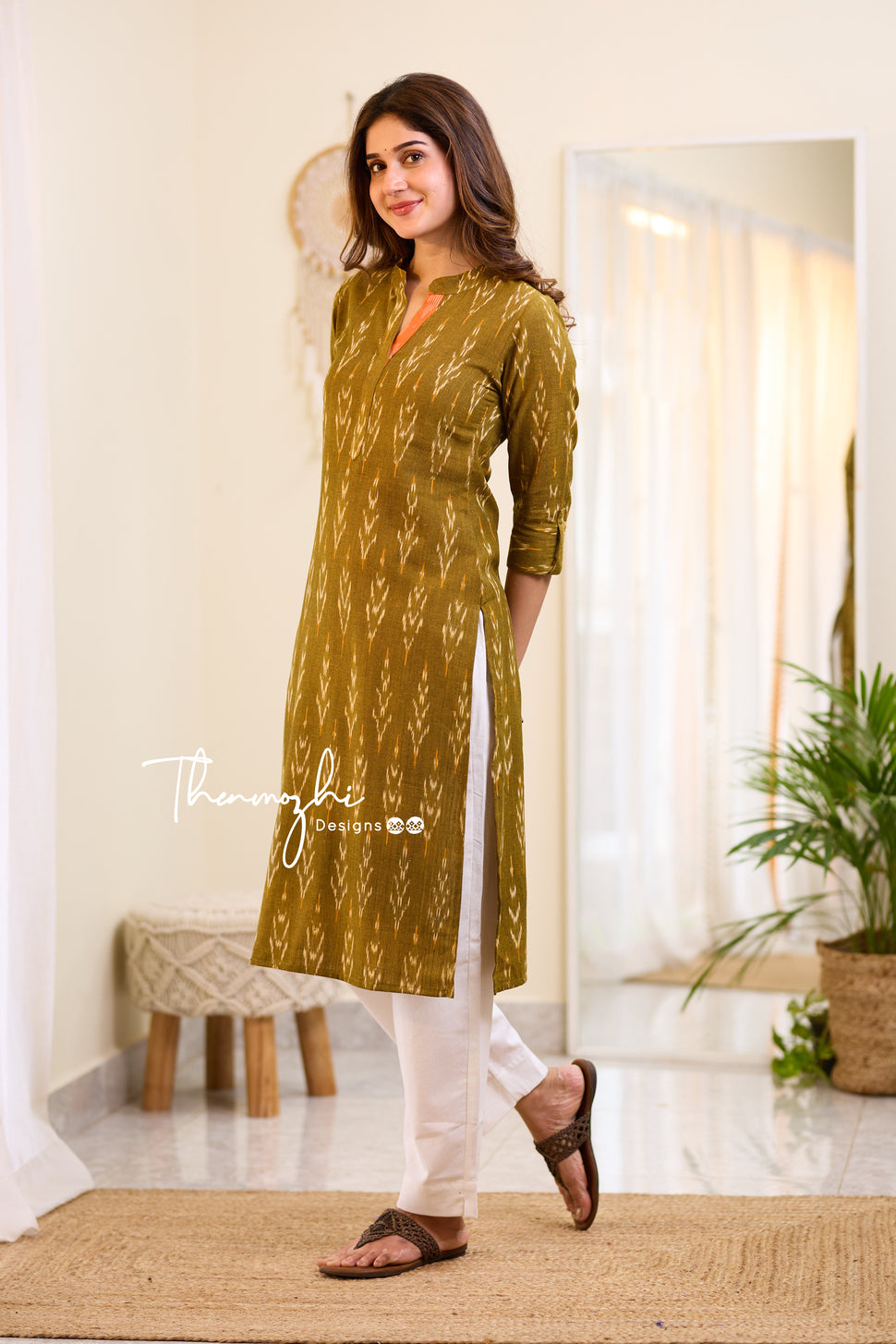 Olive Green Ikkat Cotton Kurta -Olive Green Ikkat Kurta