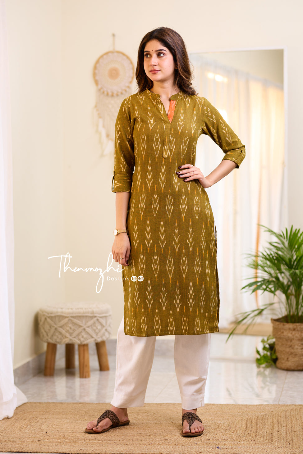 Olive Green Ikkat Cotton Kurta -Olive Green Ikkat Kurta