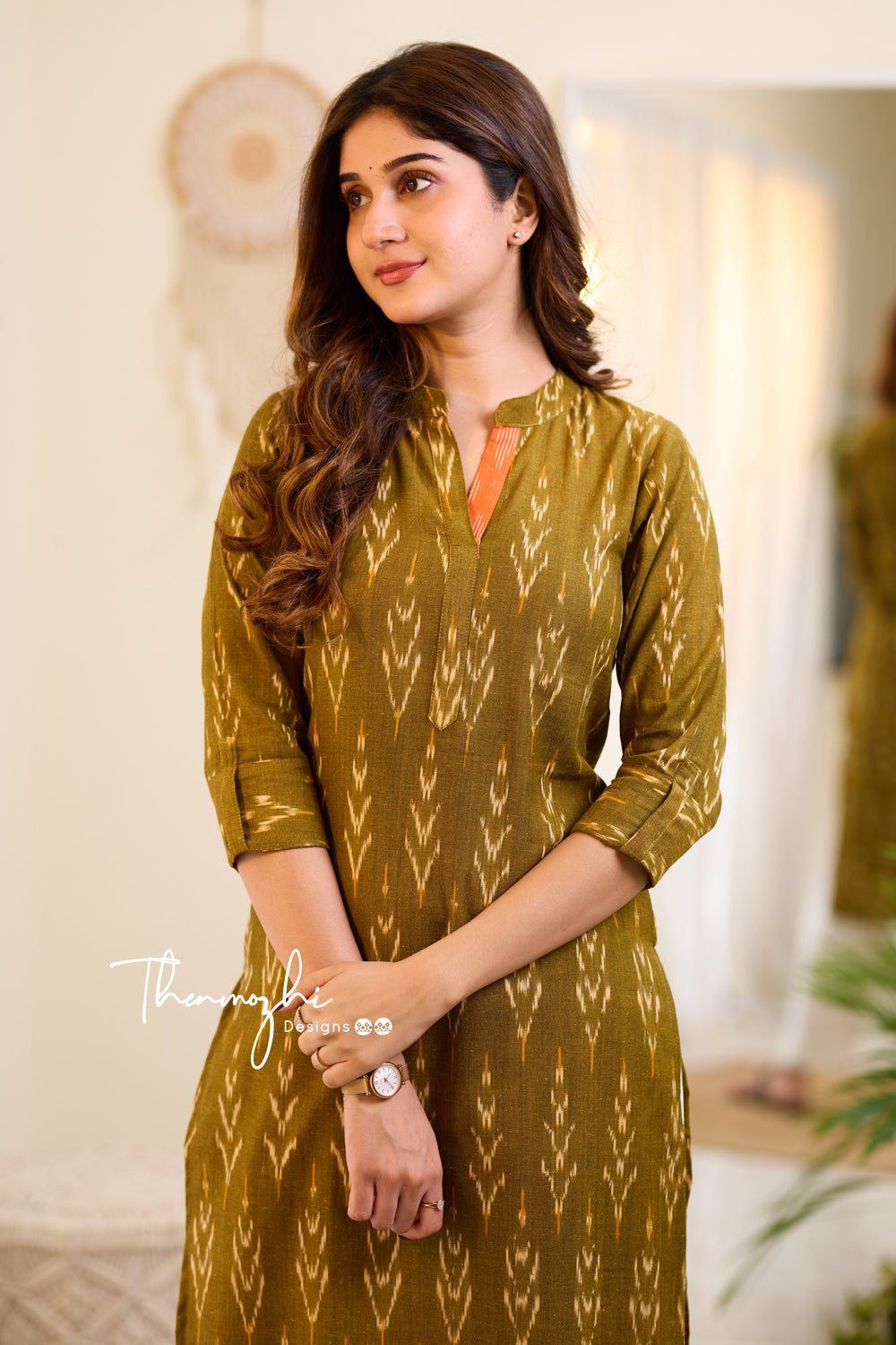 Olive Green Ikkat Cotton Kurta -Olive Green Ikkat Kurta