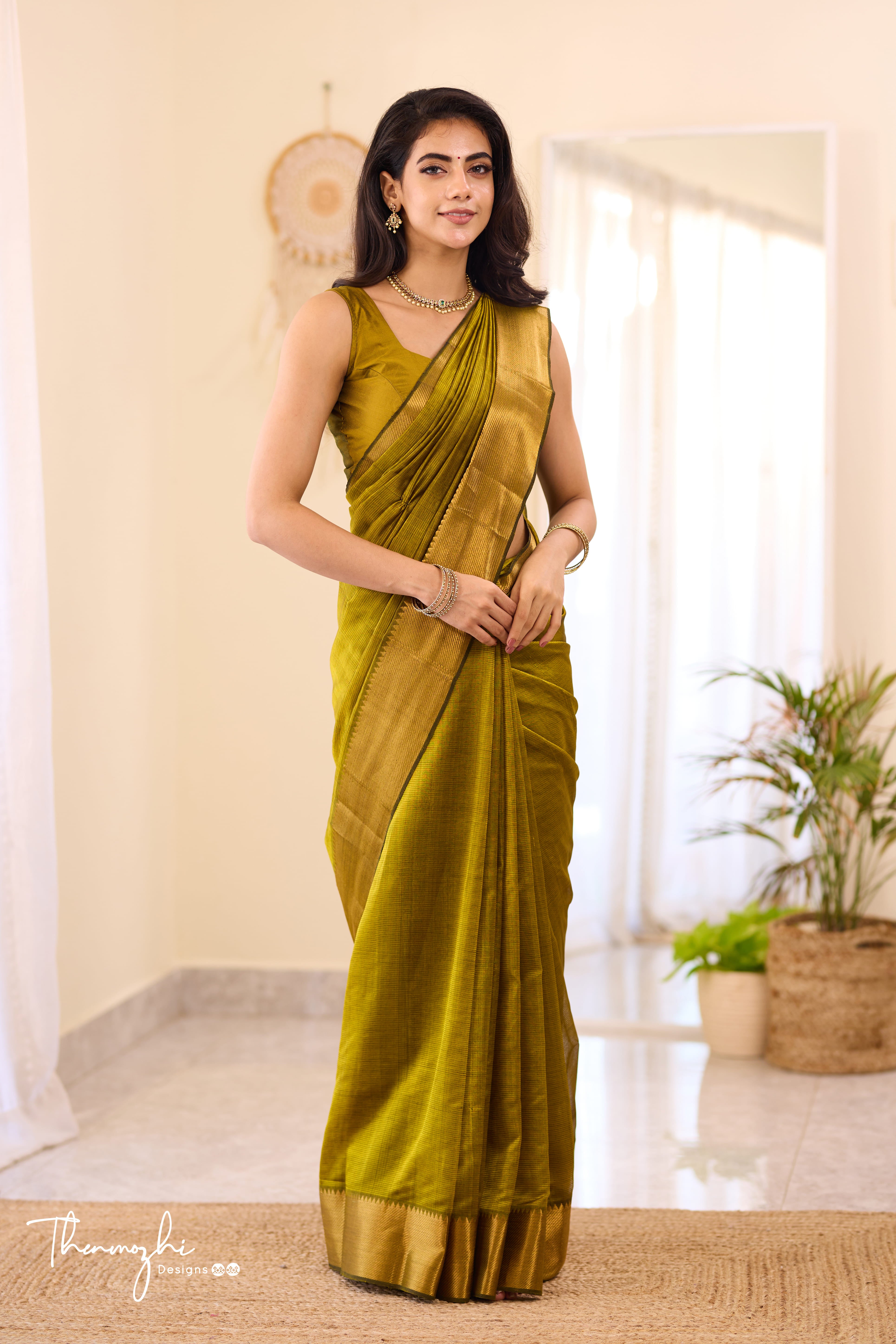 Olive Green Mangalagiri Handwoven Saree