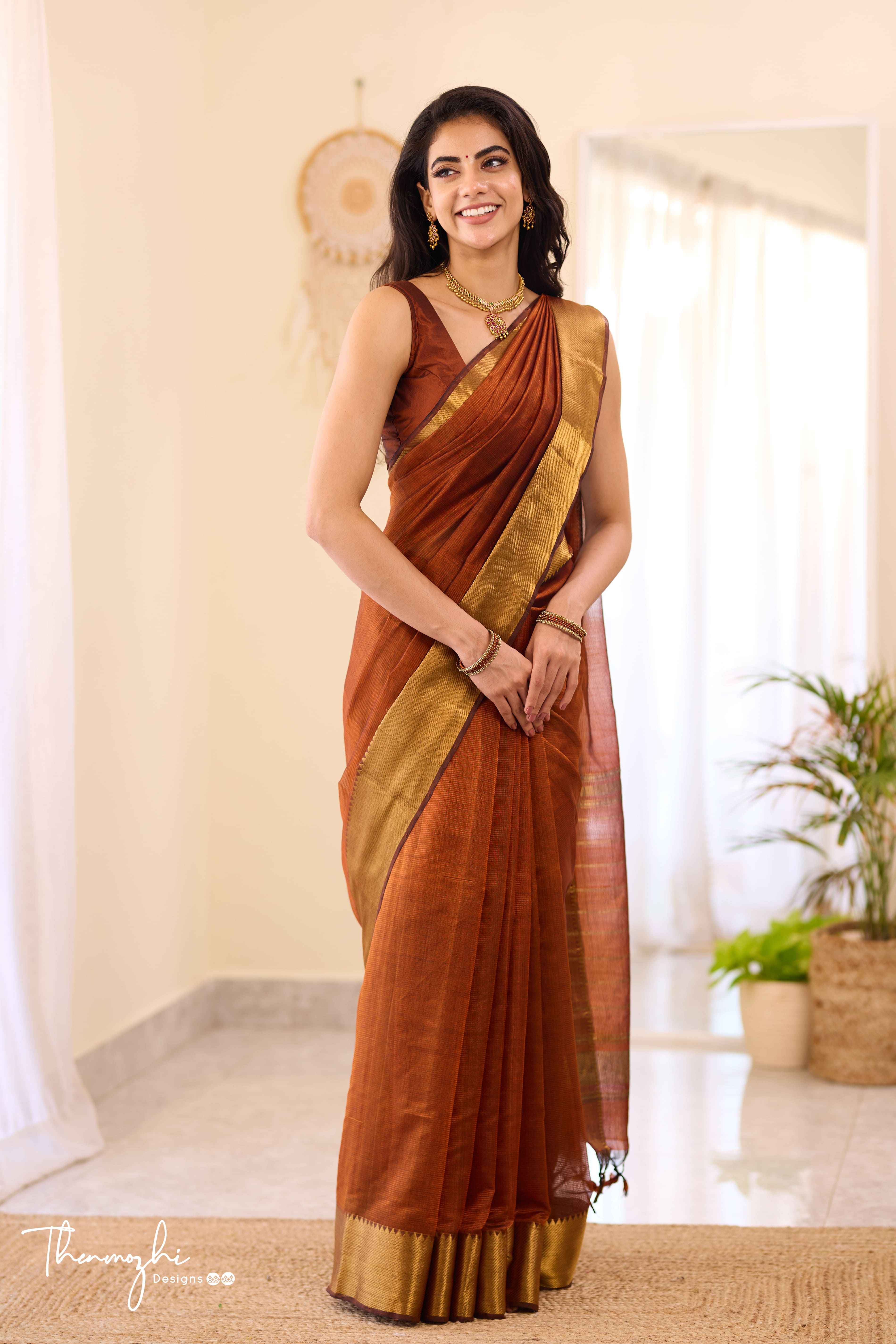 Rust Orange Mangalagiri Handwoven Saree