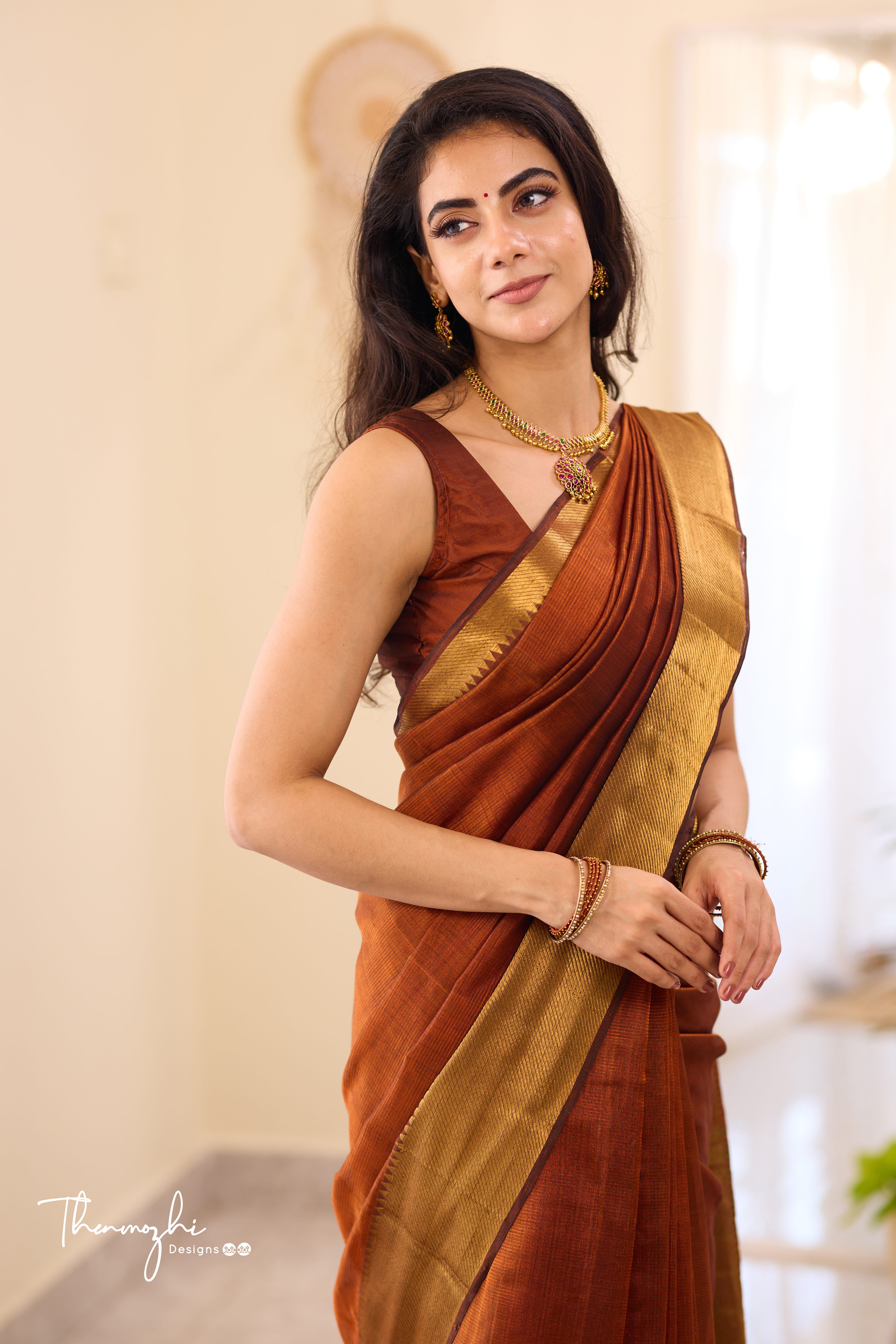 Rust Orange Mangalagiri Handwoven Saree