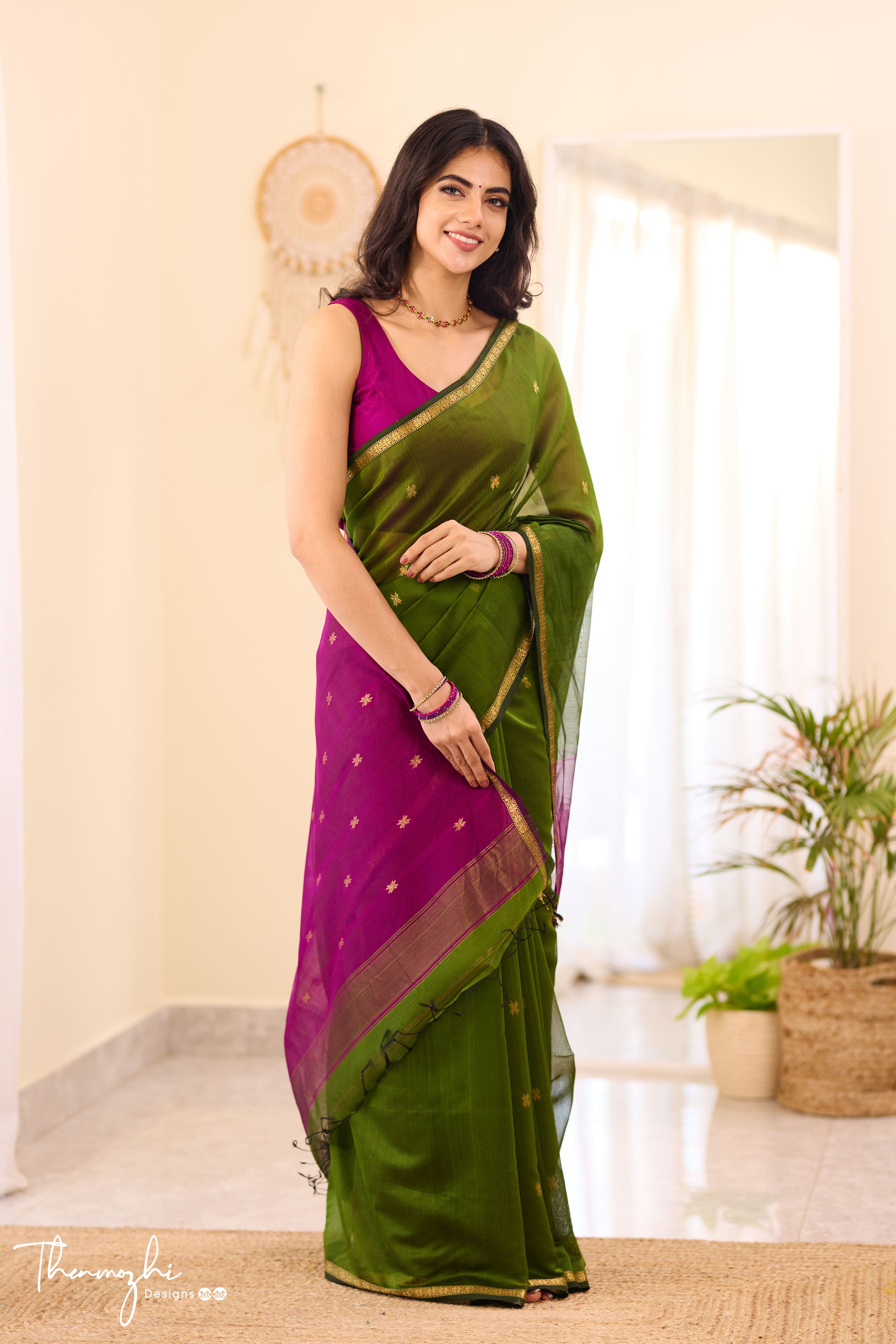 Ethnic Bottle Green Maheshwari Silk Cotton Handloom Saree