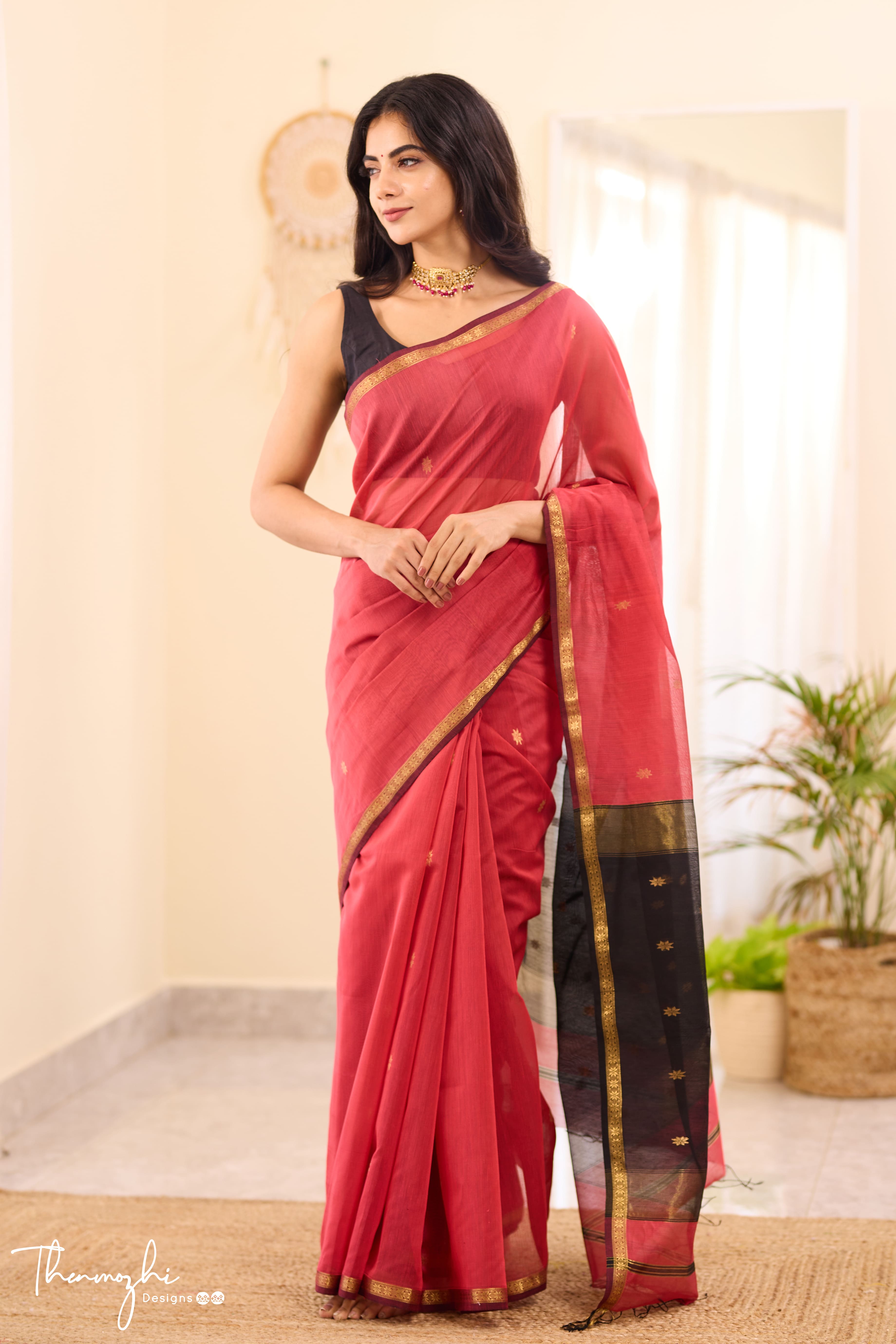 Ethnic Candy Red Maheshwari Silk Cotton Handloom Saree