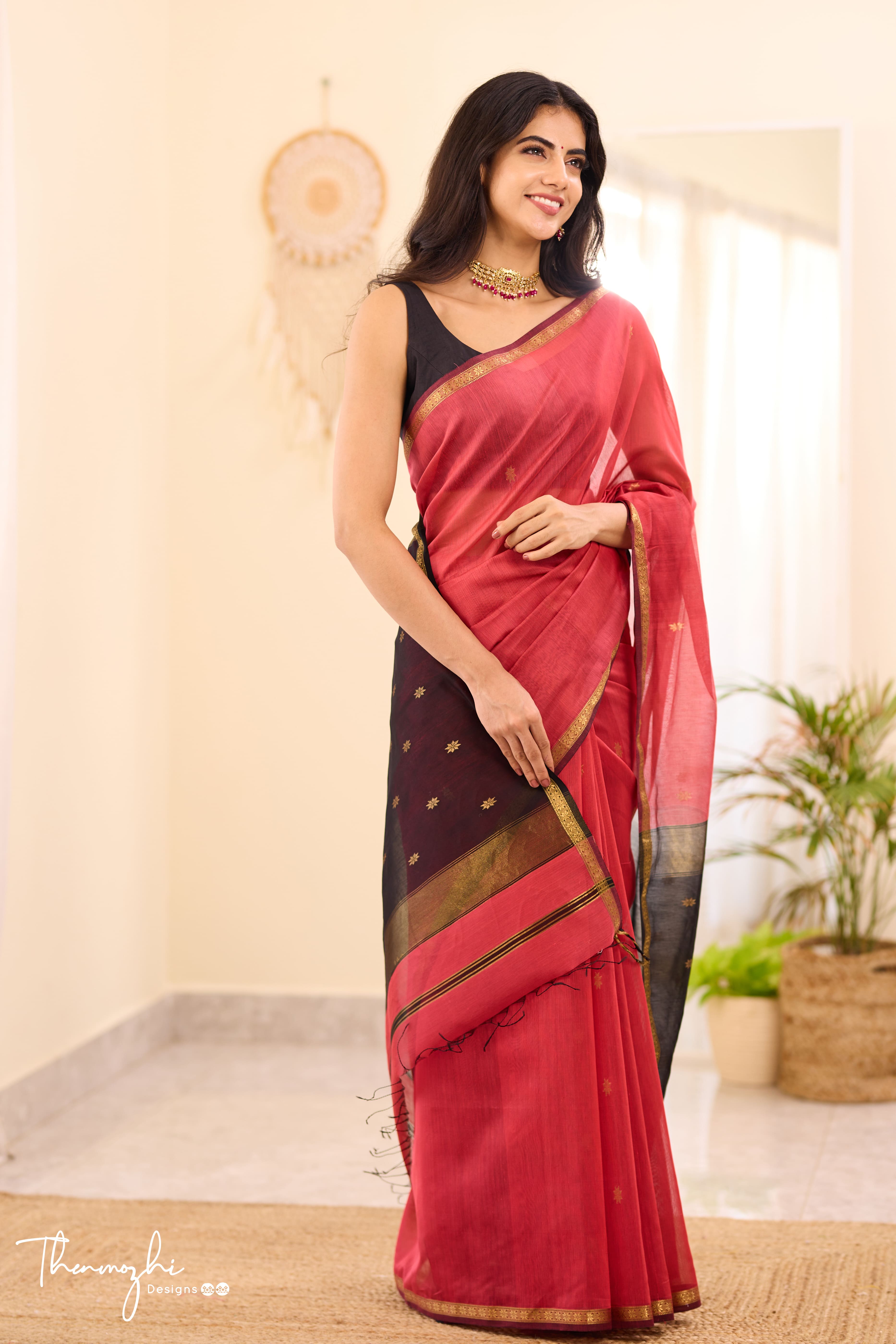 Ethnic Candy Red Maheshwari Silk Cotton Handloom Saree