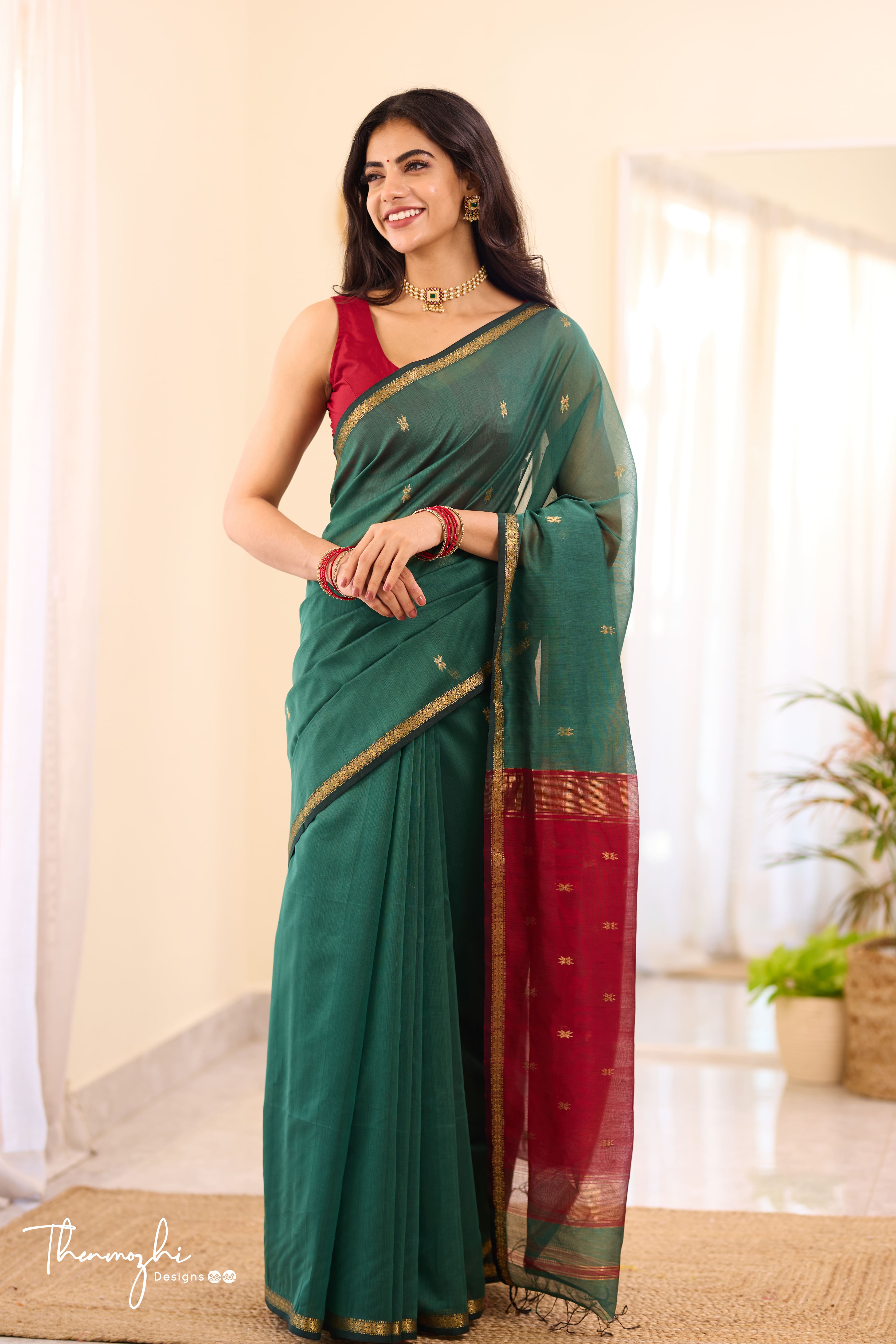 Ethnic Teal Green Maheshwari Silk Cotton Handloom Saree