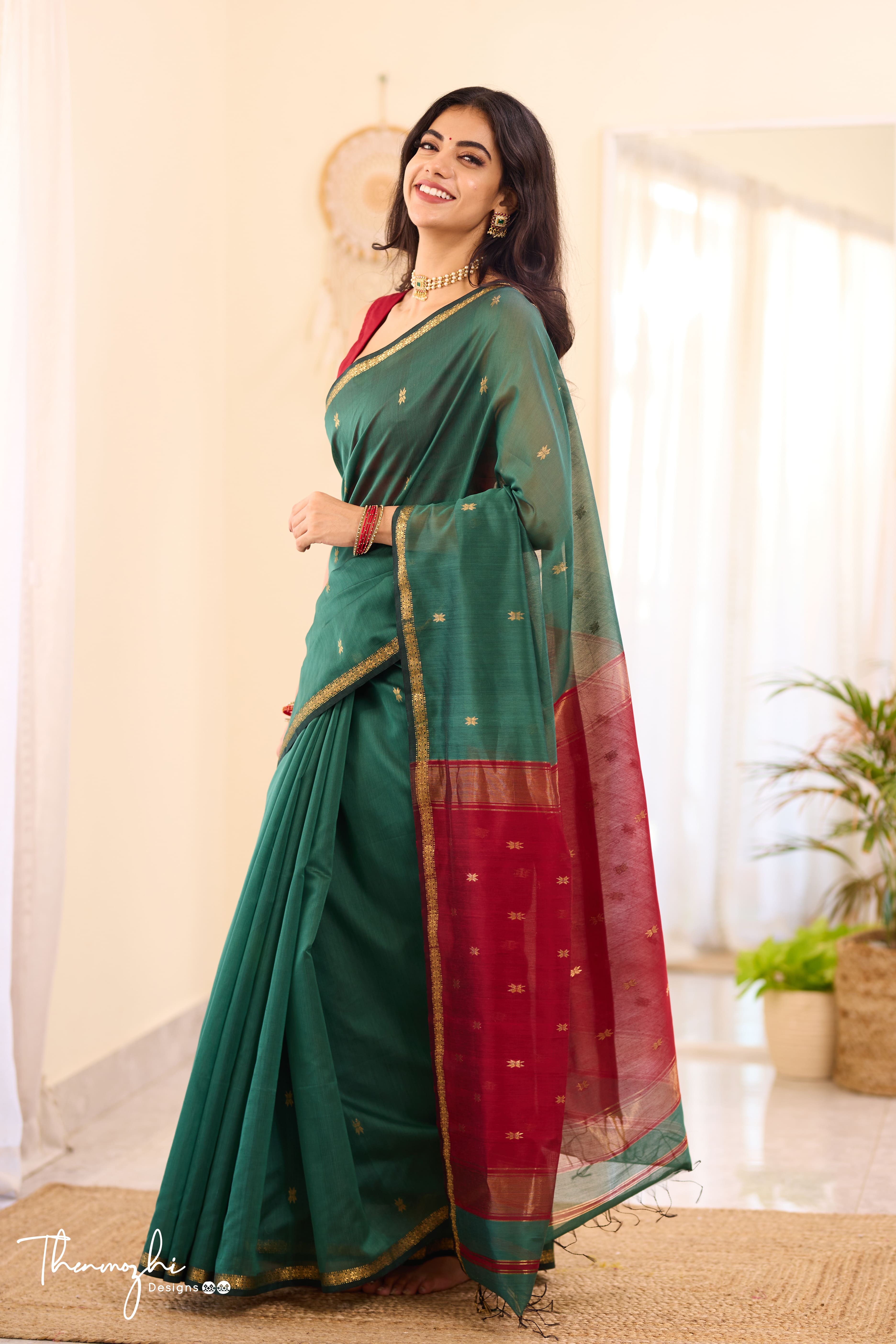 Ethnic Teal Green Maheshwari Silk Cotton Handloom Saree