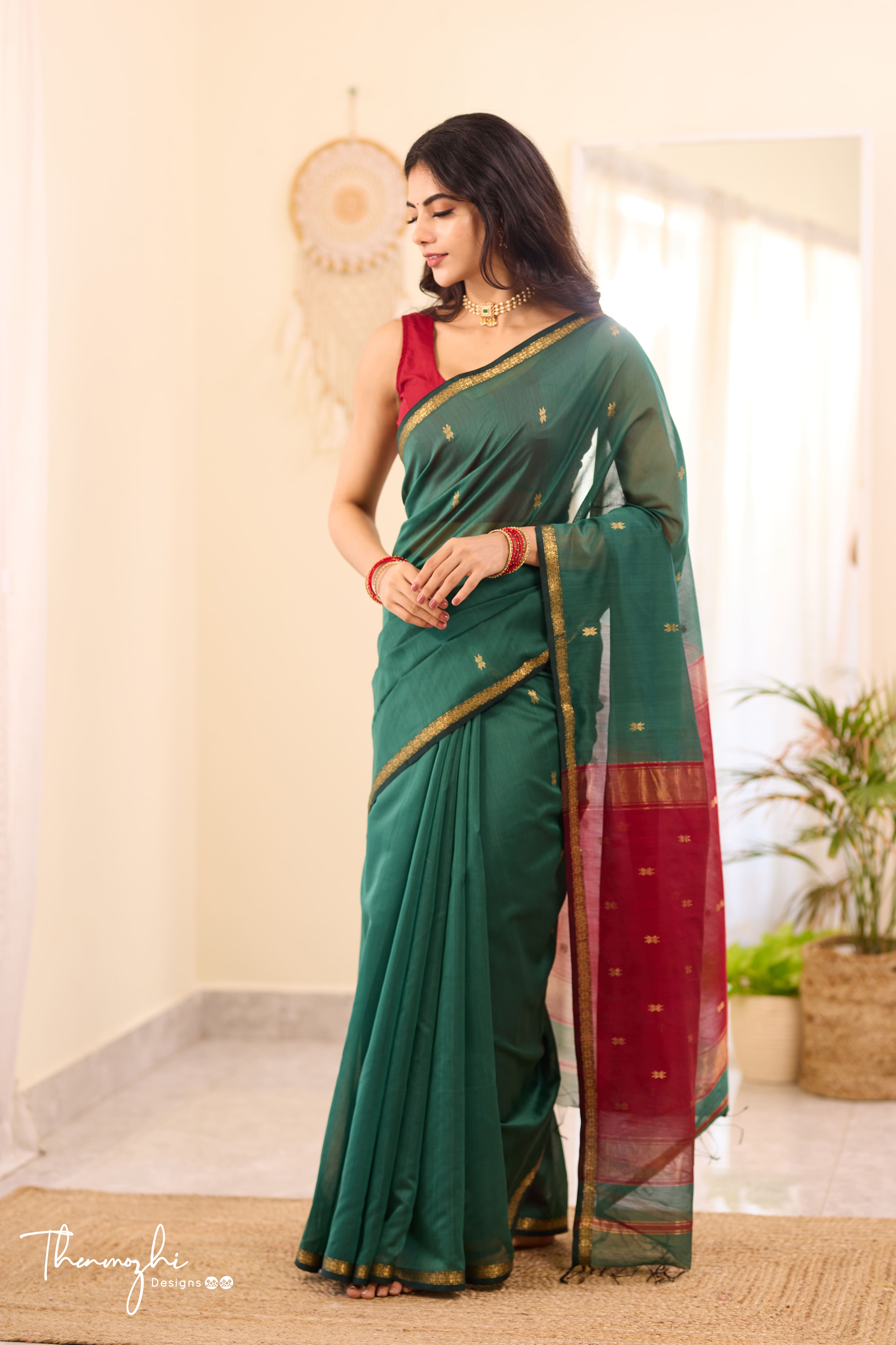 Ethnic Teal Green Maheshwari Silk Cotton Handloom Saree