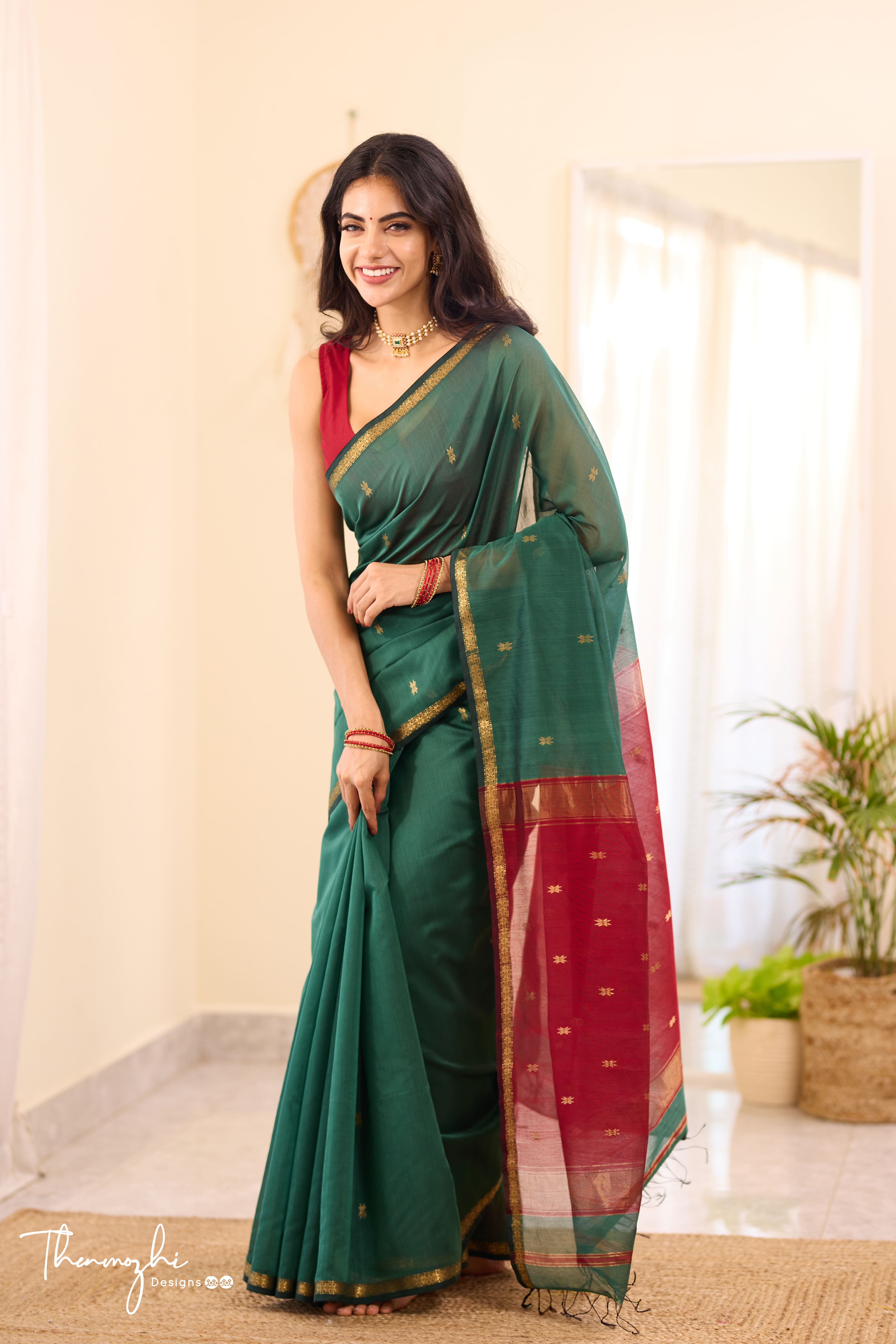 Ethnic Teal Green Maheshwari Silk Cotton Handloom Saree
