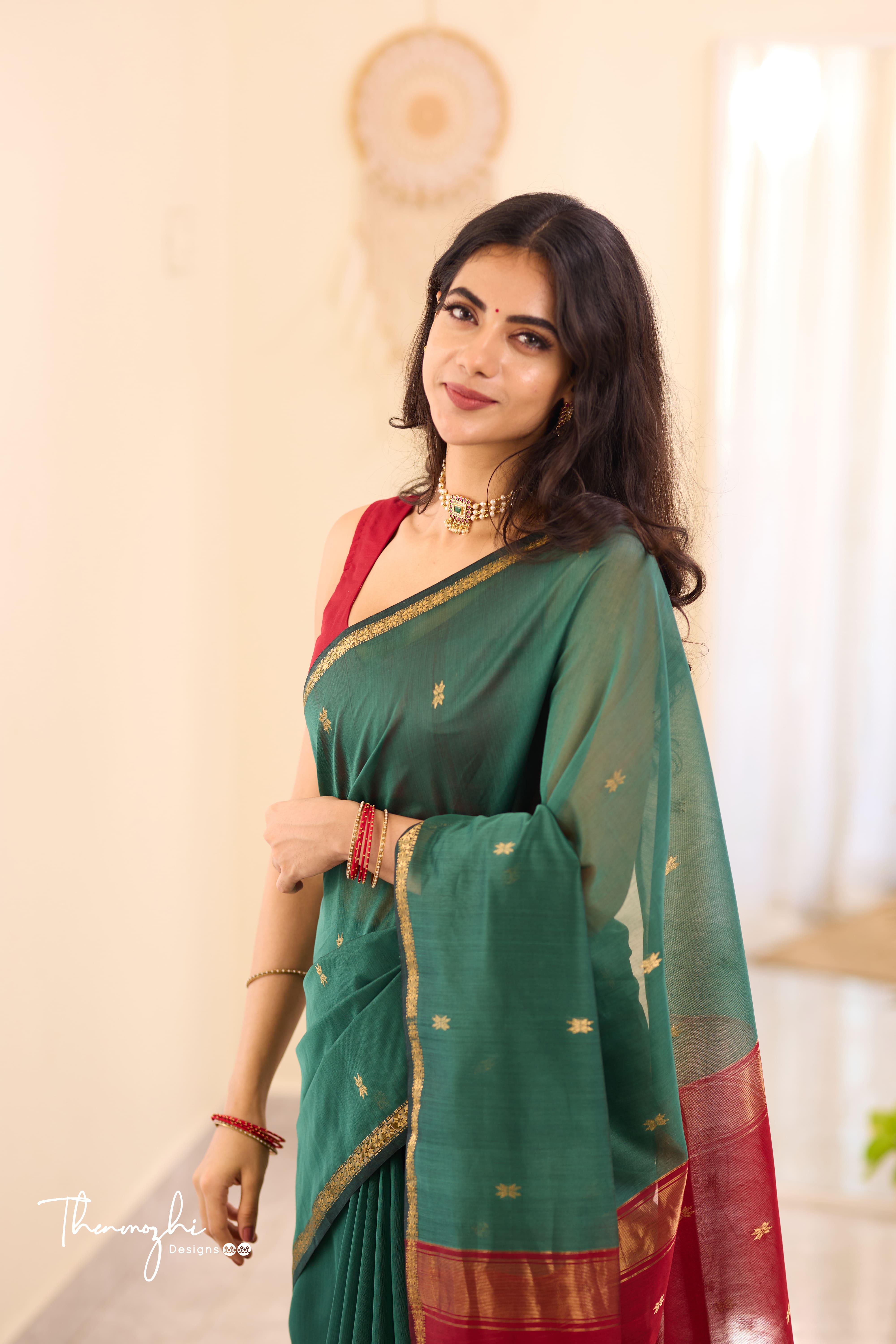 Ethnic Teal Green Maheshwari Silk Cotton Handloom Saree