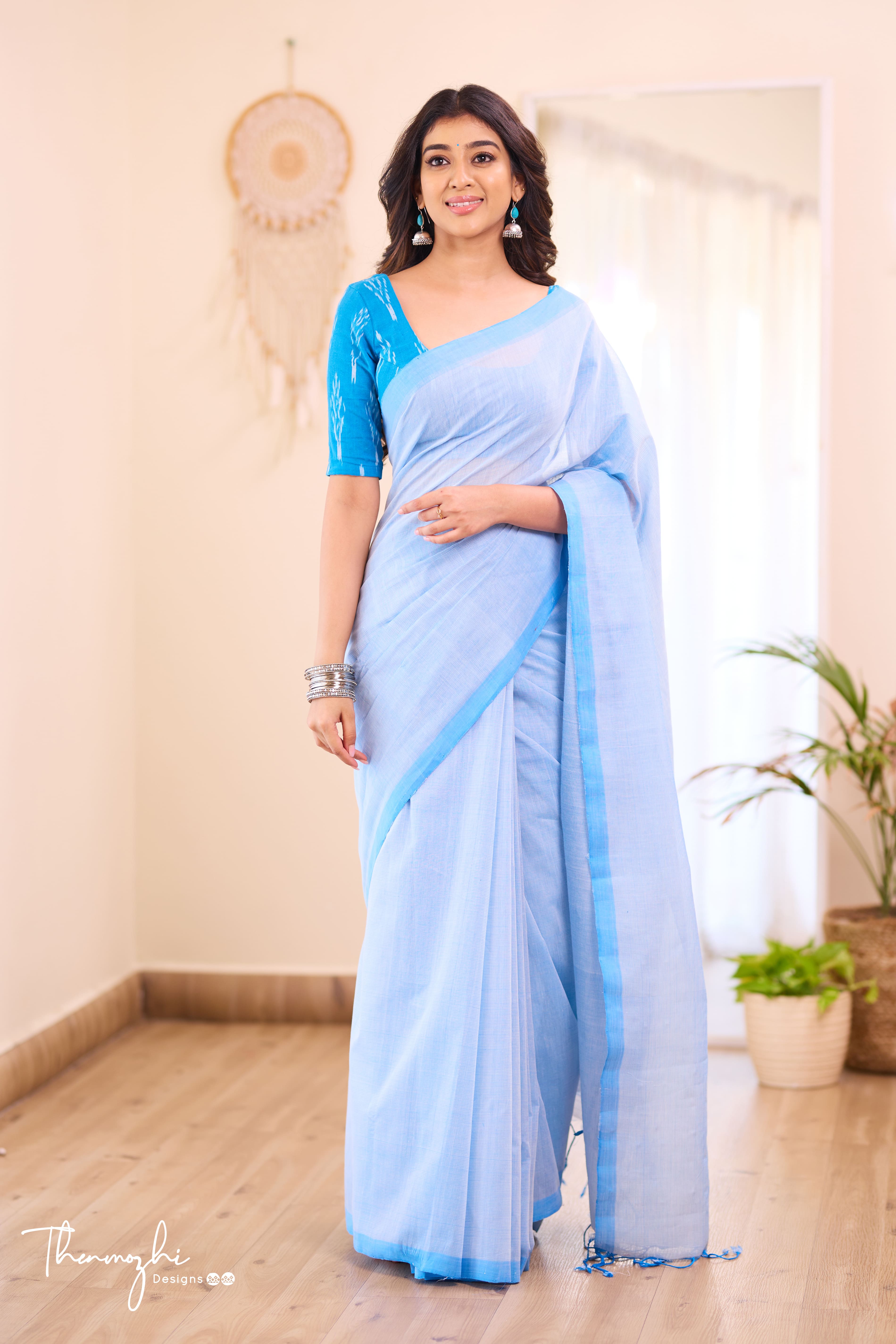 Sky Blue Splash - Blue Mangalagiri Plain Cotton Saree