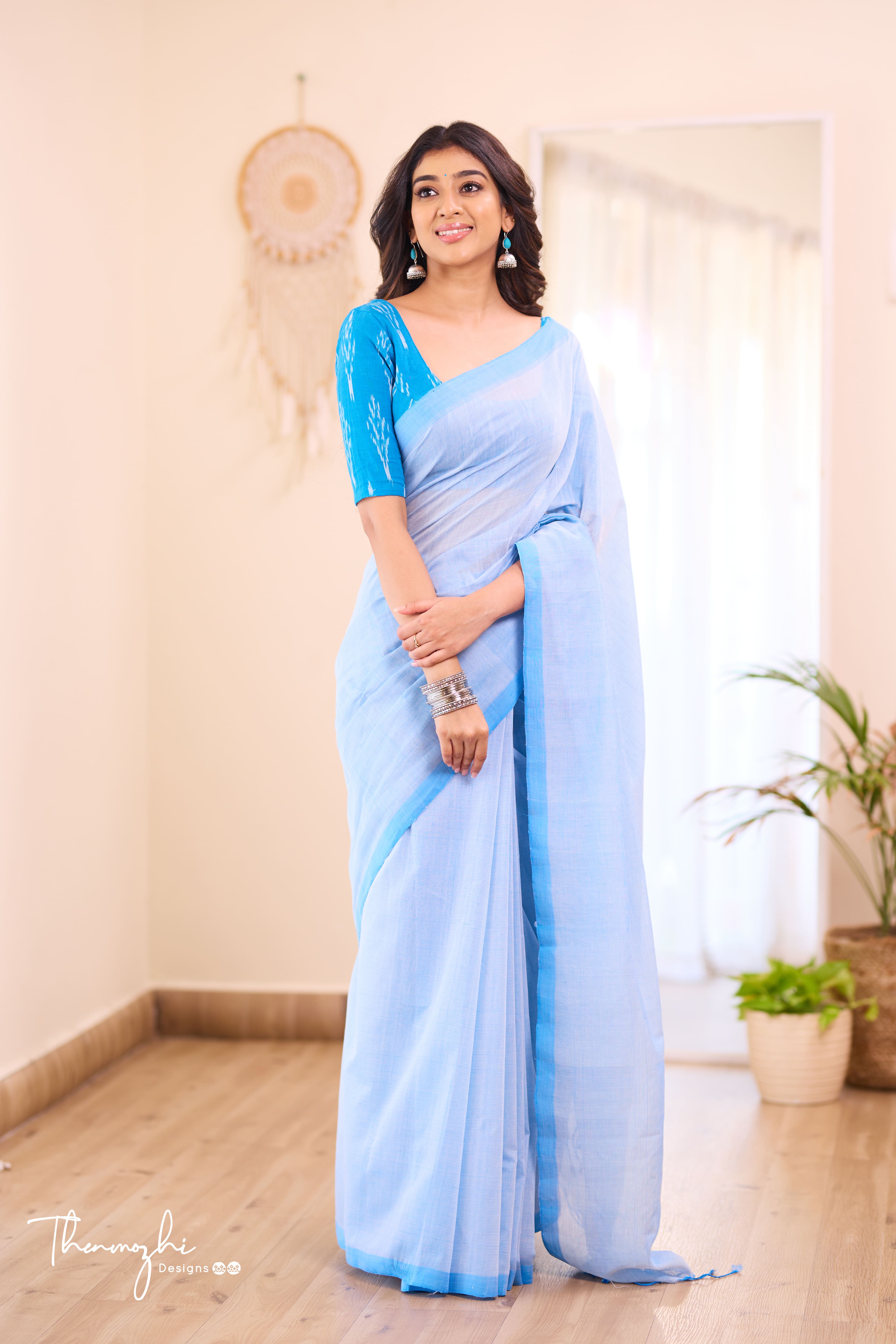 Sky Blue Splash - Blue Mangalagiri Plain Cotton Saree
