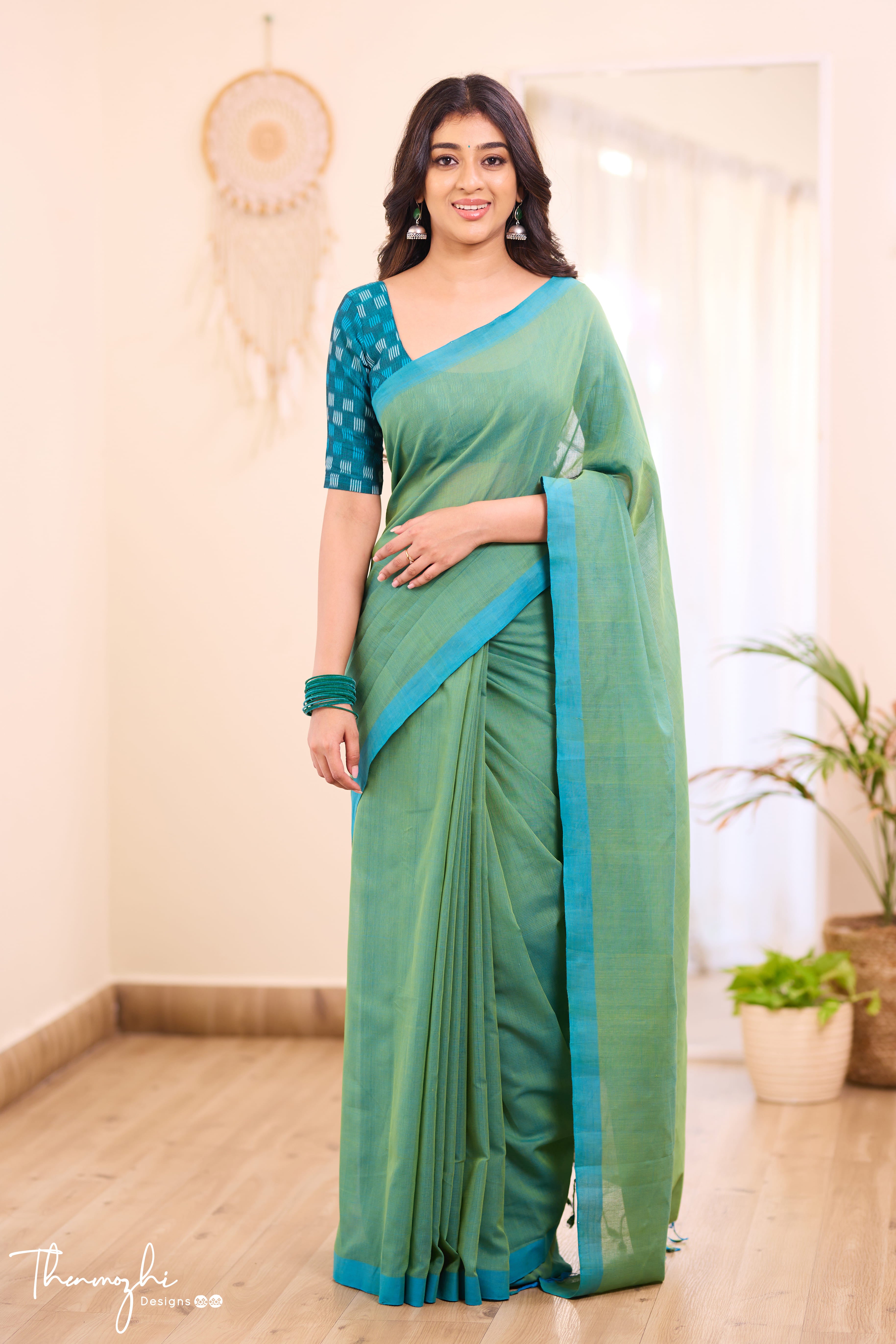 Touch of Sea Green - Green Mangalagiri Plain Cotton Saree