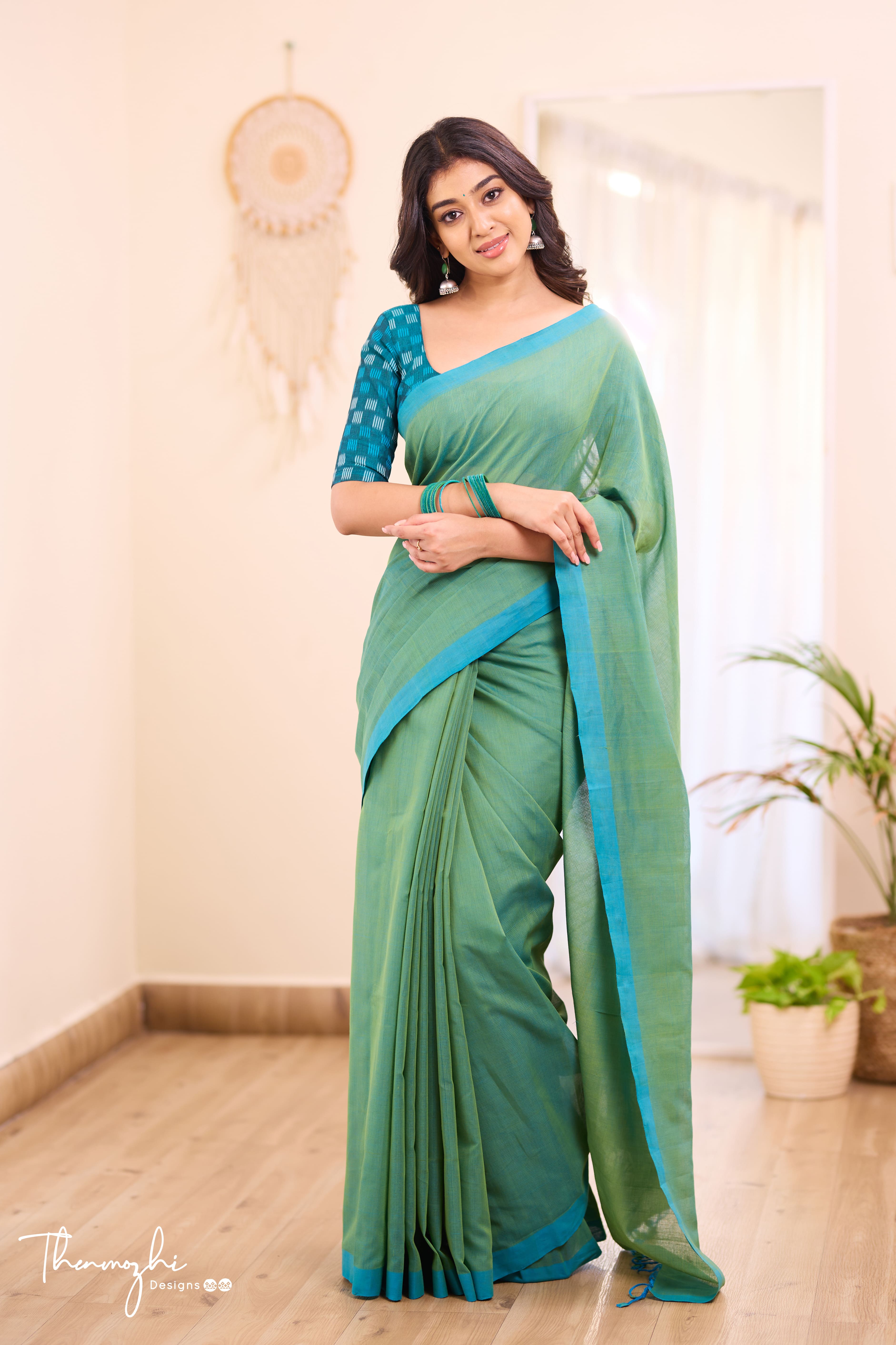 Touch of Sea Green - Green Mangalagiri Plain Cotton Saree