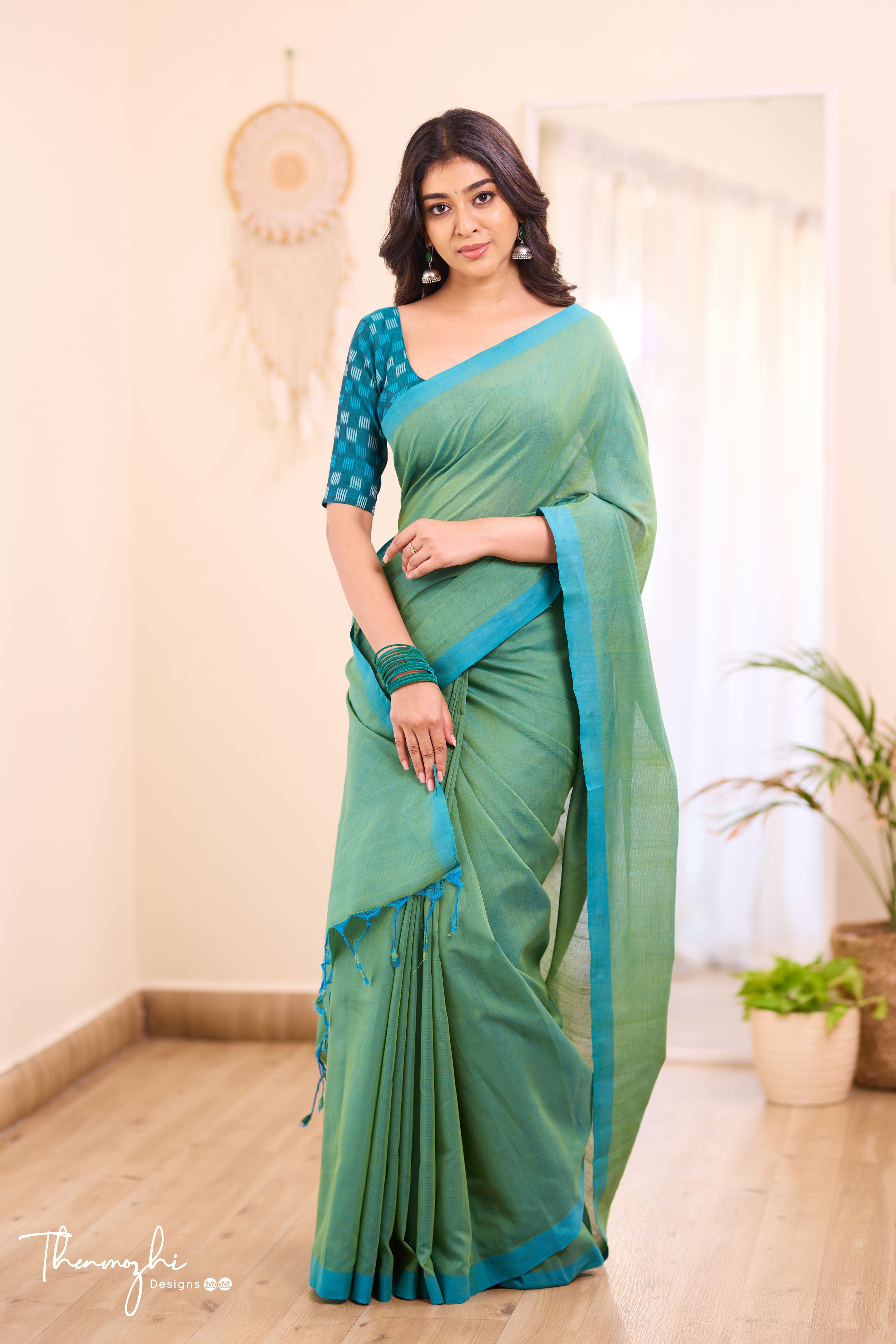 Touch of Sea Green - Green Mangalagiri Plain Cotton Saree