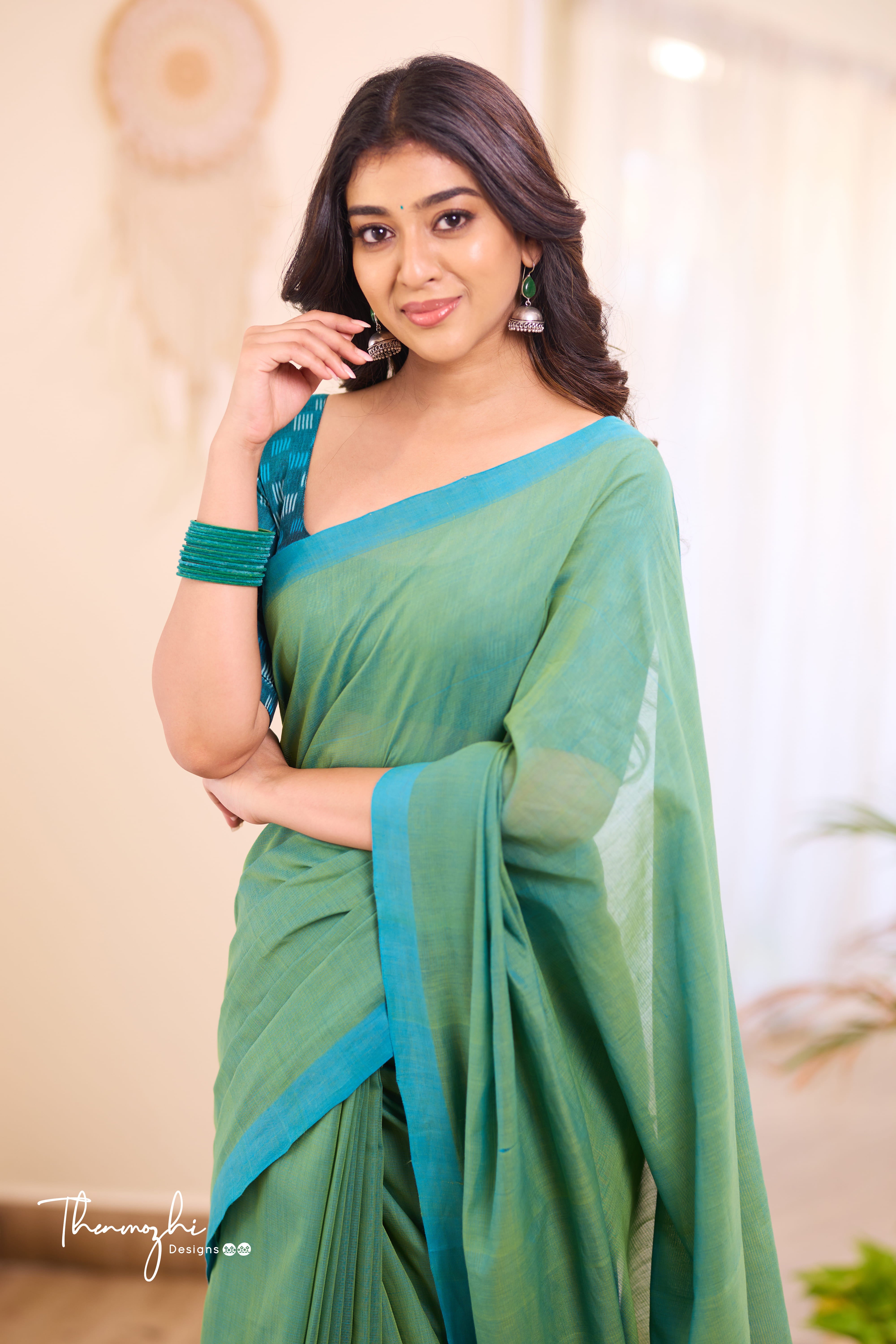 Touch of Sea Green - Green Mangalagiri Plain Cotton Saree