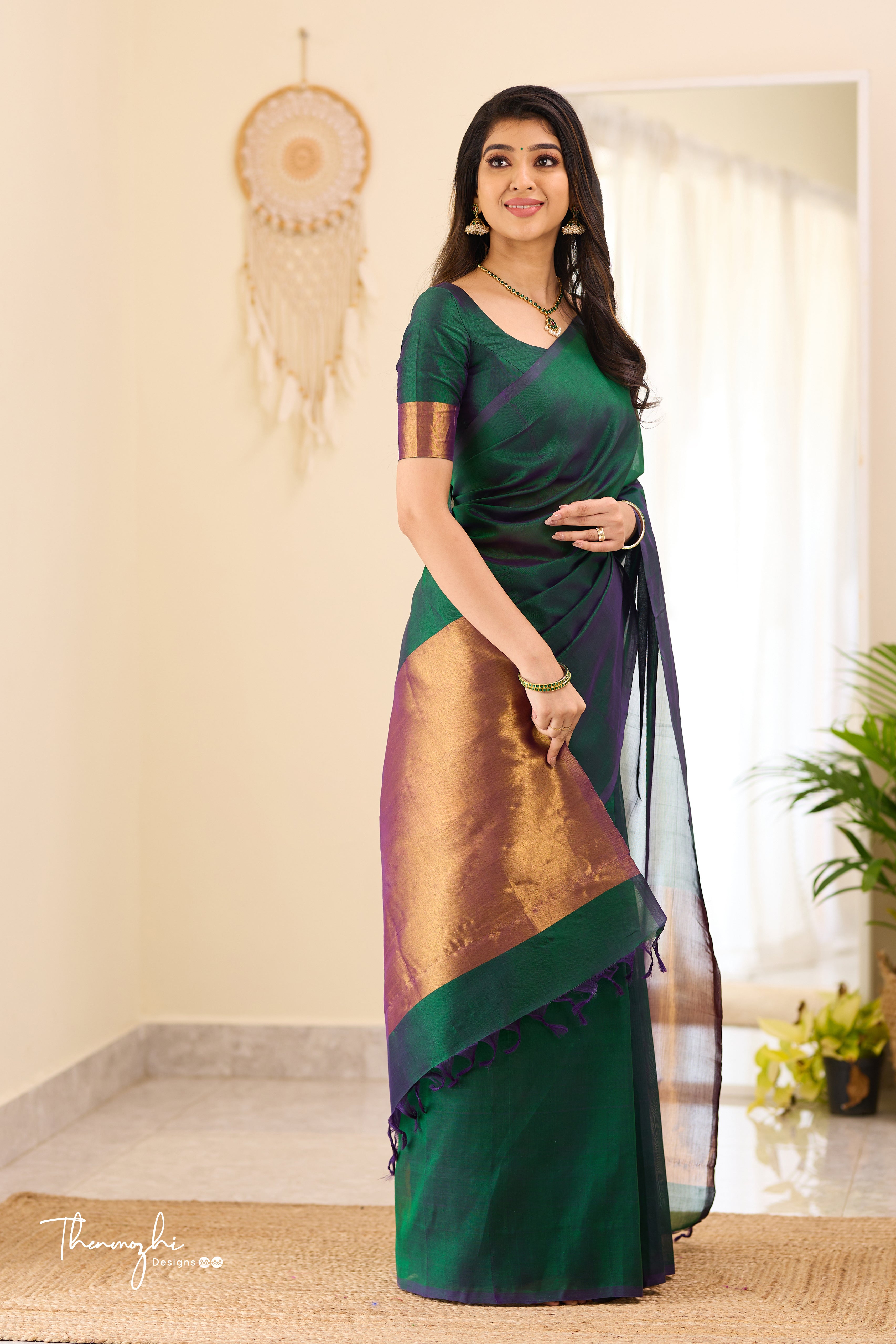 Kanchi Silk Cotton Dark Green Saree