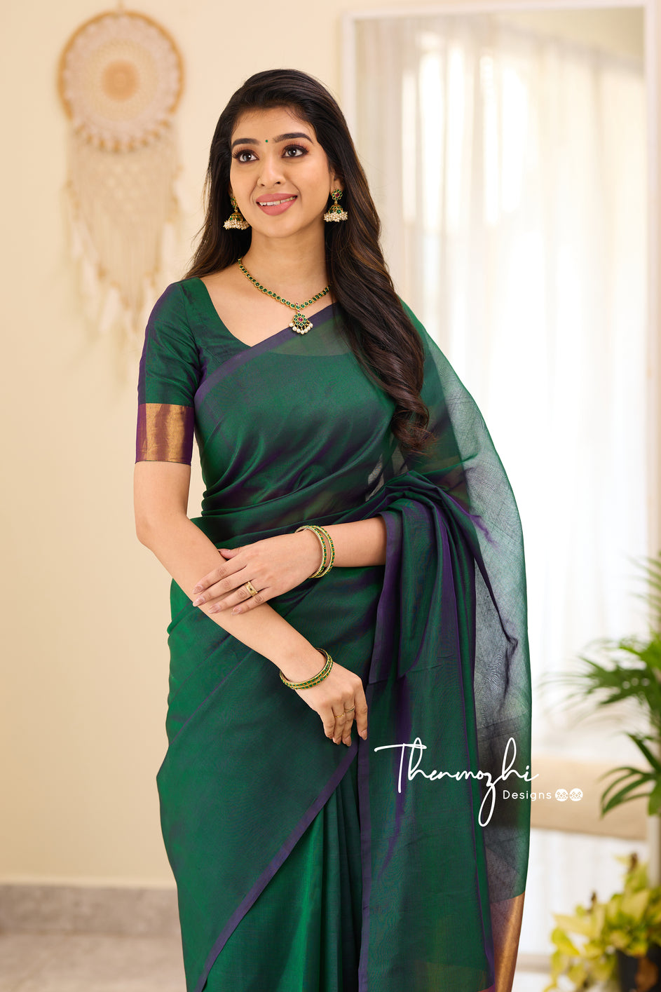 Kanchi Silk Cotton Dark Green Saree