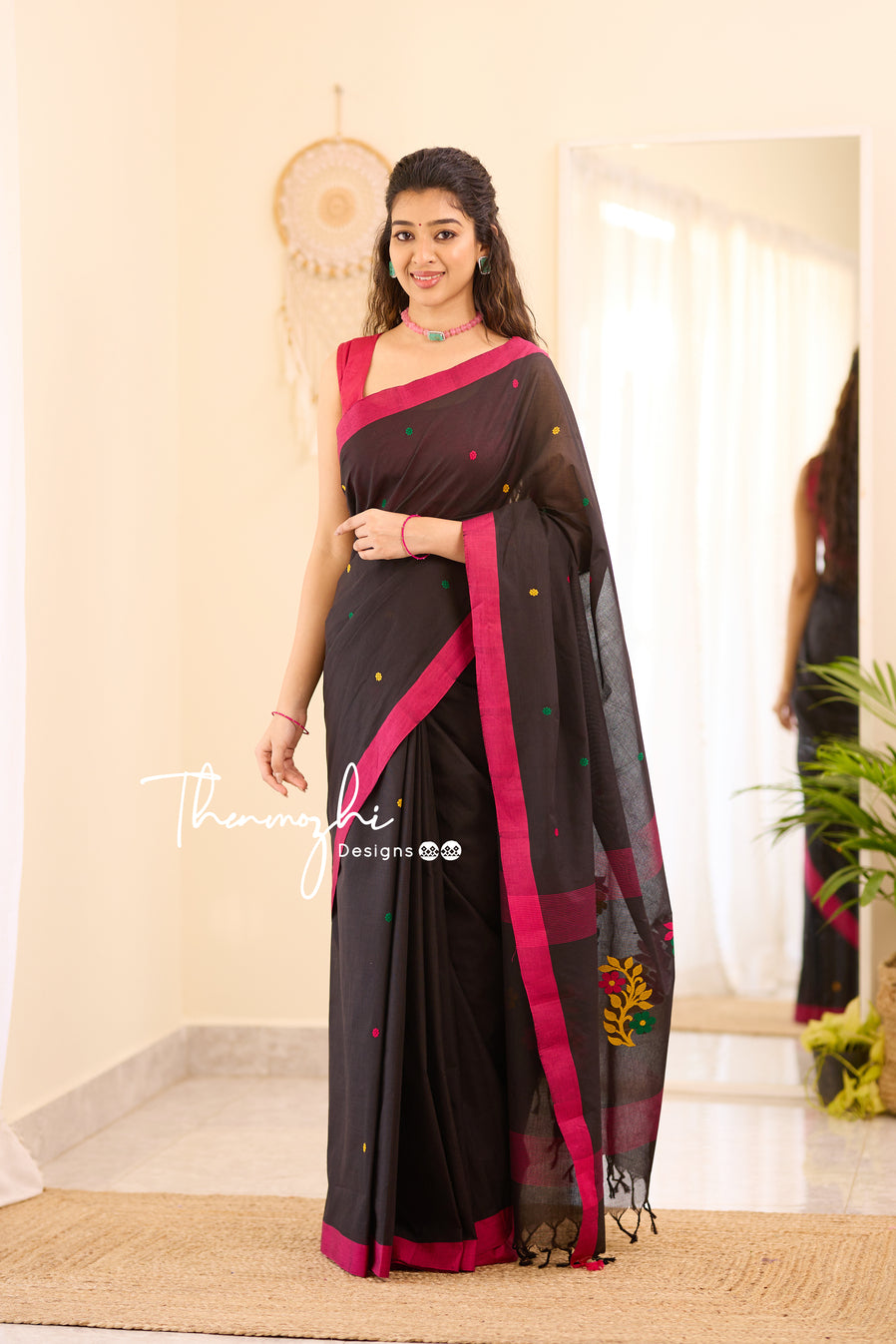 Nithya - Black & Pink Chettinad Cotton Saree