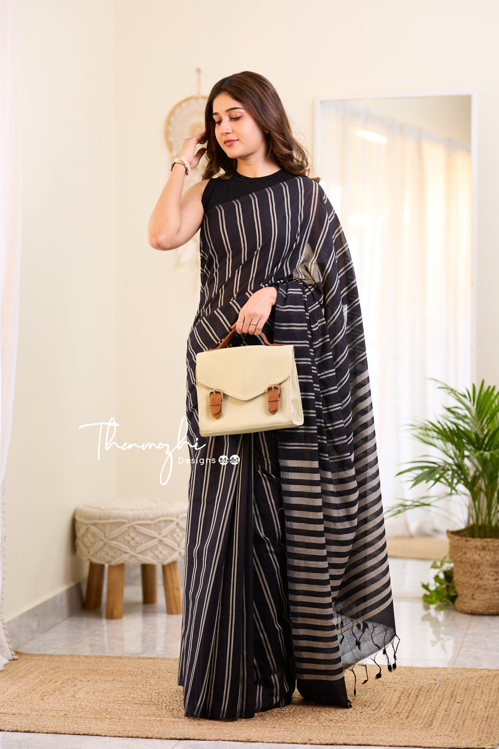 Black Mangalagiri Cotton Stripe Saree