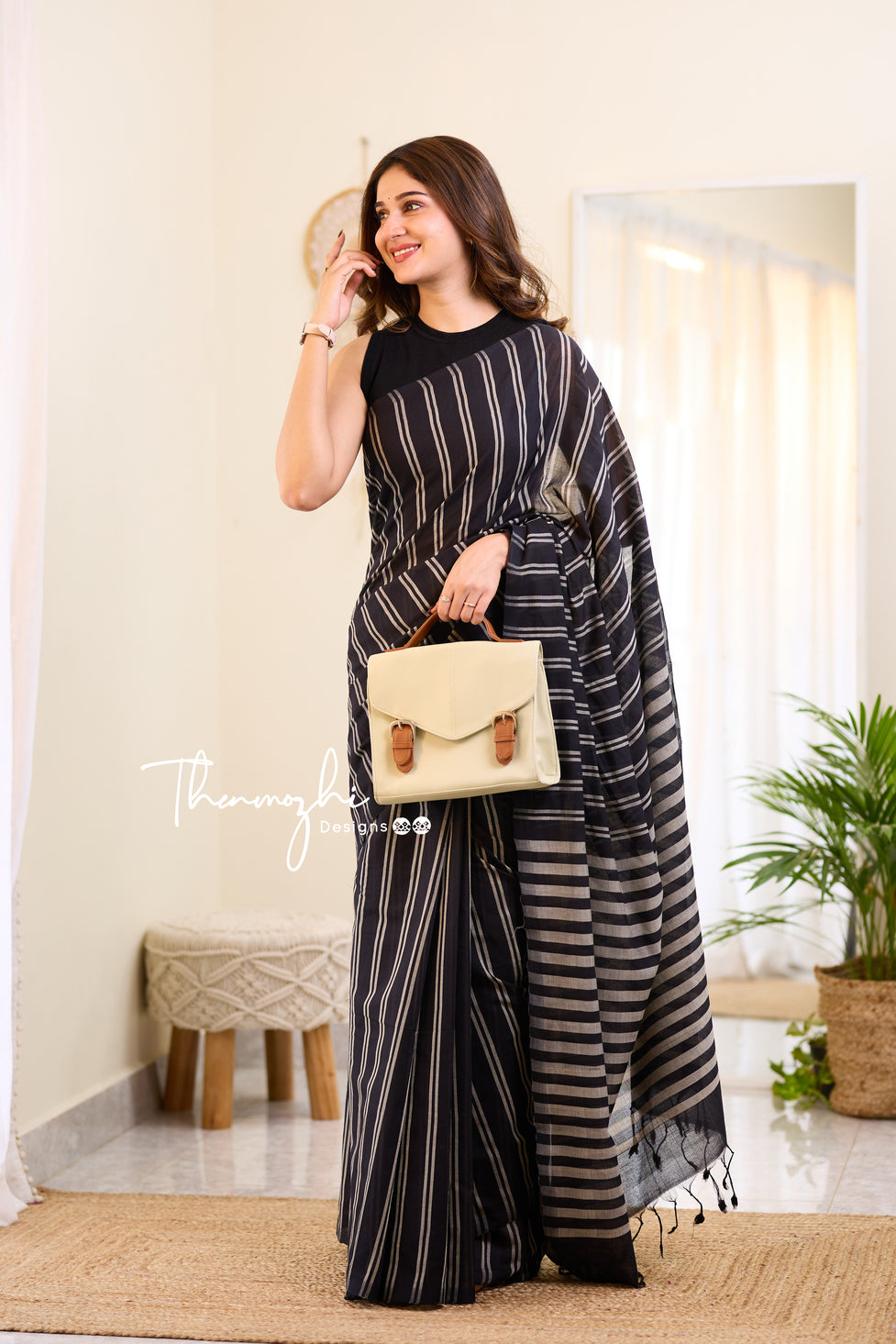 Black Mangalagiri Cotton Stripe Saree