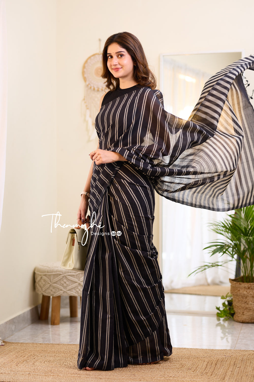 Black Mangalagiri Cotton Stripe Saree