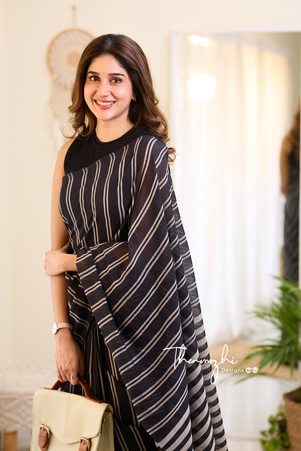 Black Mangalagiri Cotton Stripe Saree