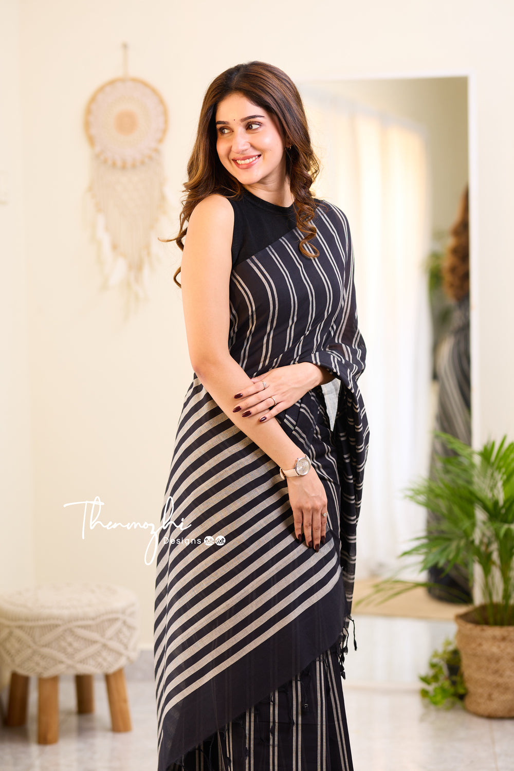 Black Mangalagiri Cotton Stripe Saree