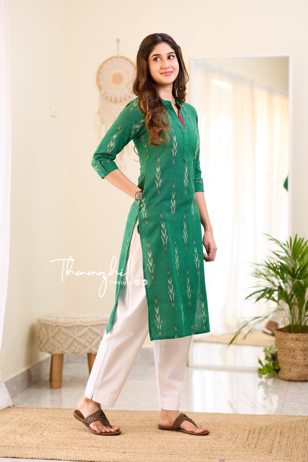 Dark Green Ikkat Cotton Kurta - Green Ikkat kurta