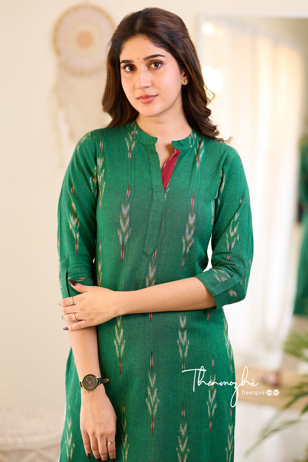 Dark Green Ikkat Cotton Kurta - Green Ikkat kurta