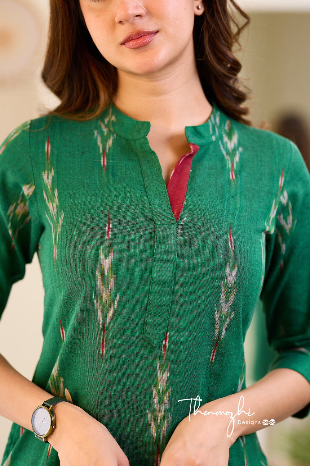 Dark Green Ikkat Cotton Kurta - Green Ikkat kurta