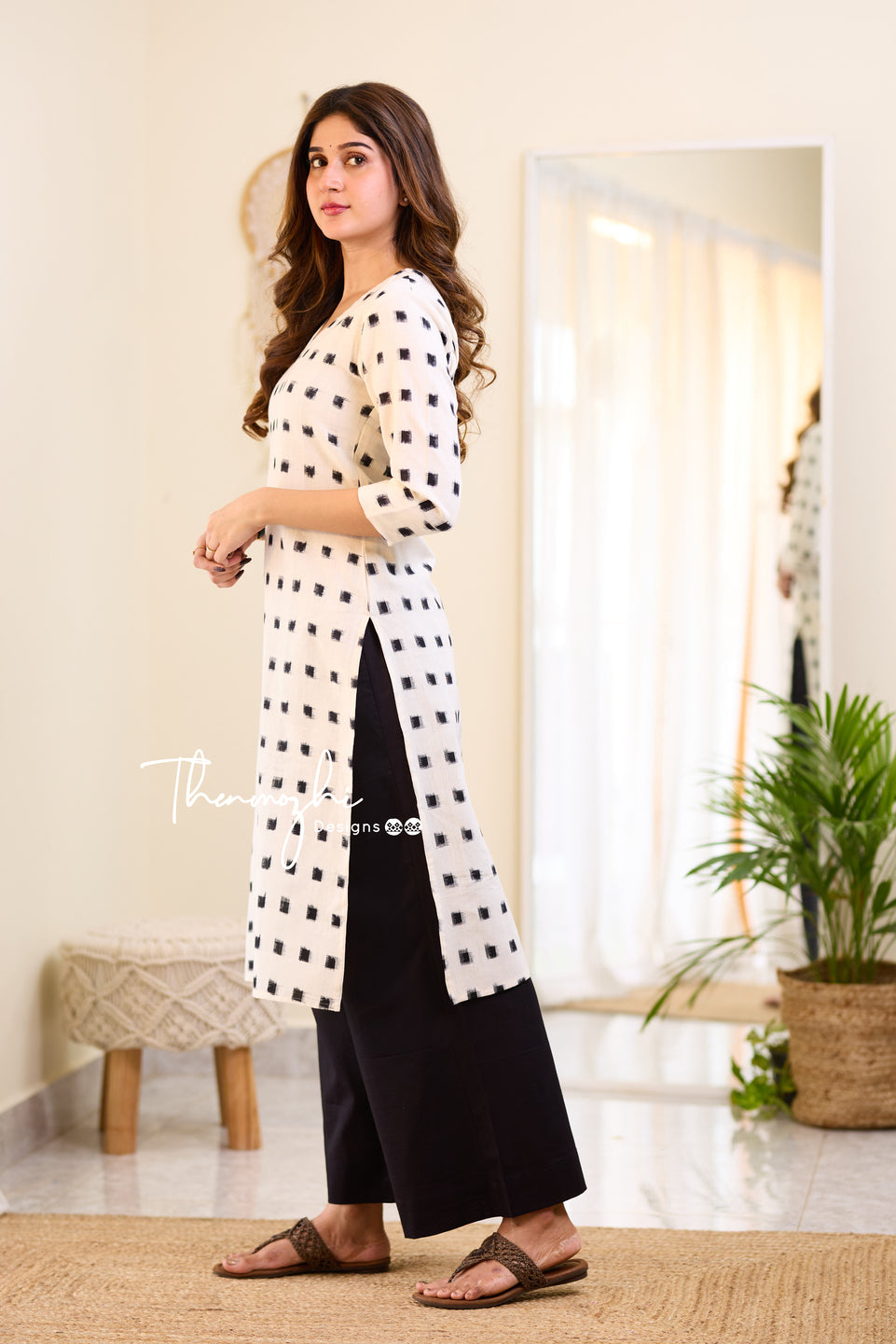 White and Black Double Ikkat Cotton Kurta - White Ikkat Kurta