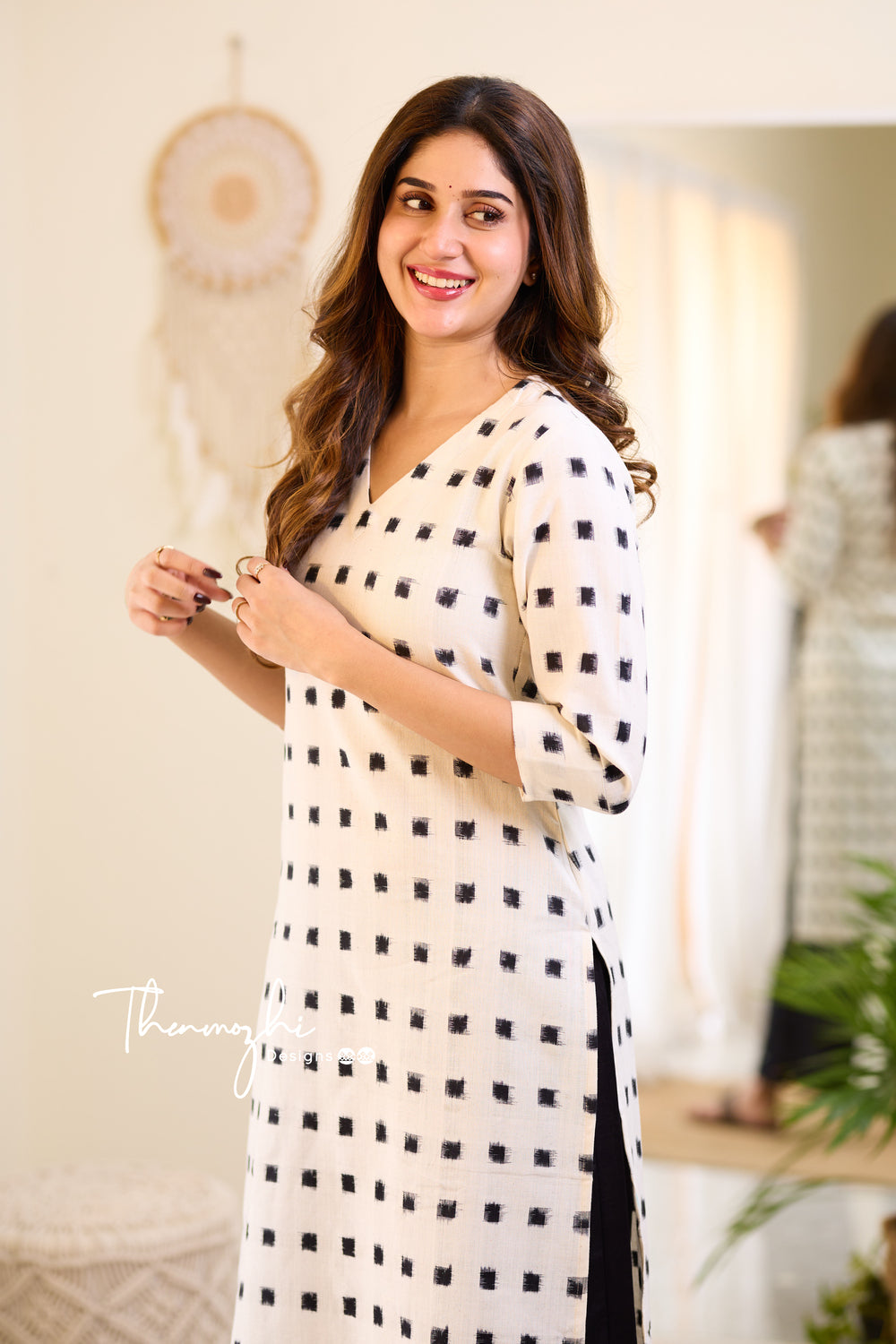 White and Black Double Ikkat Cotton Kurta - White Ikkat Kurta