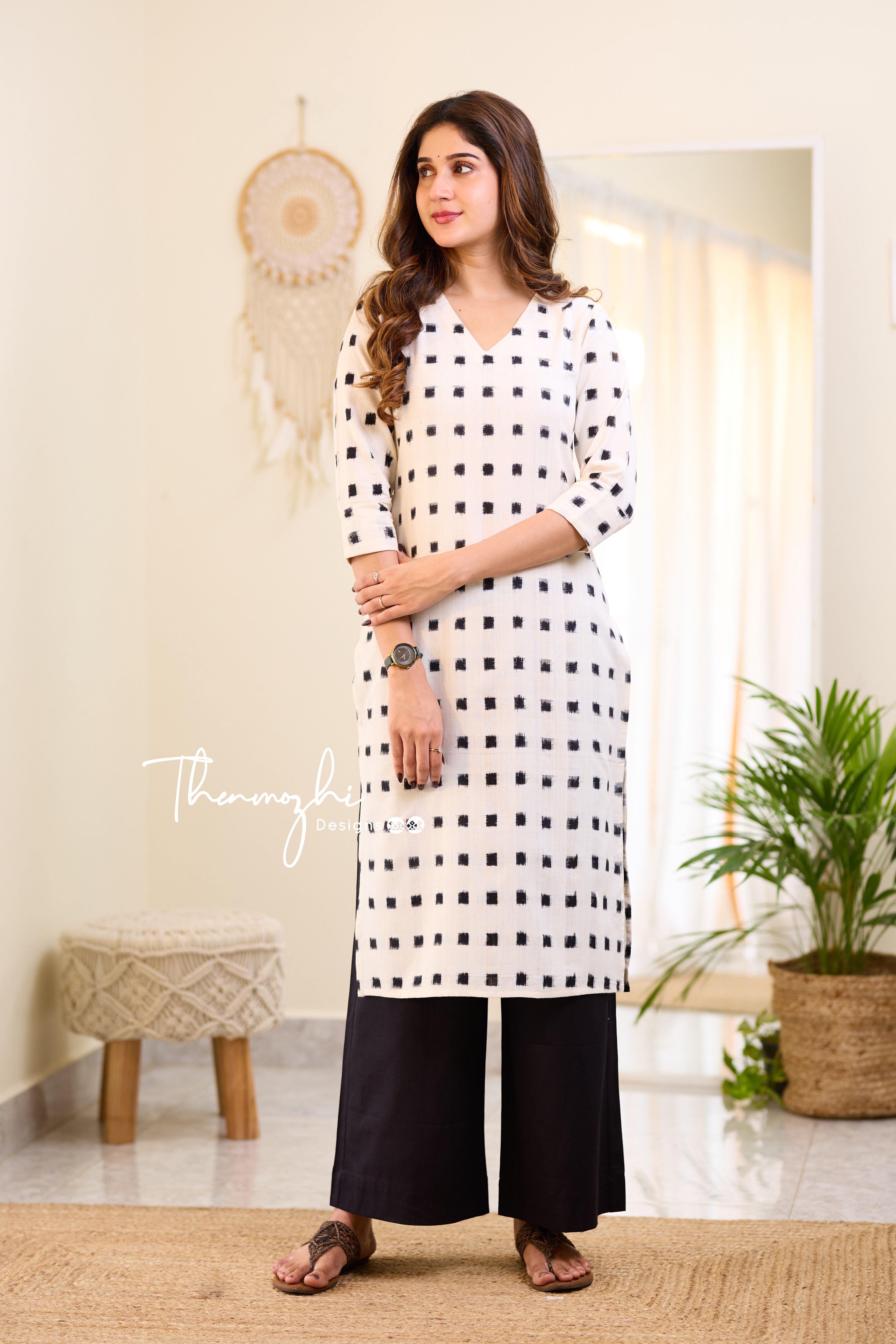 White and Black Double Ikkat Cotton Kurta - White Ikkat Kurta